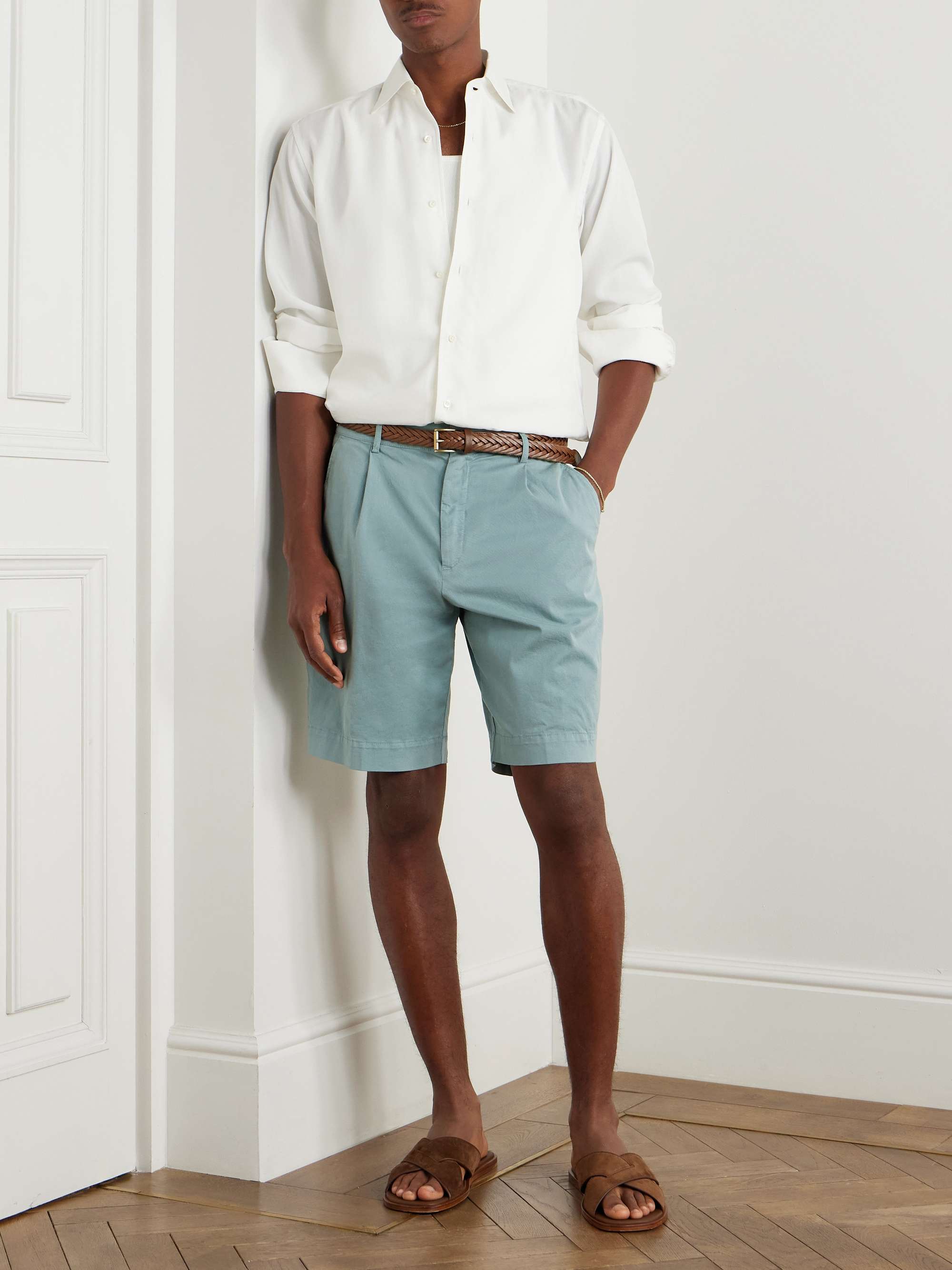 Straight-Leg Pleated Cotton-Blend Twill Shorts view