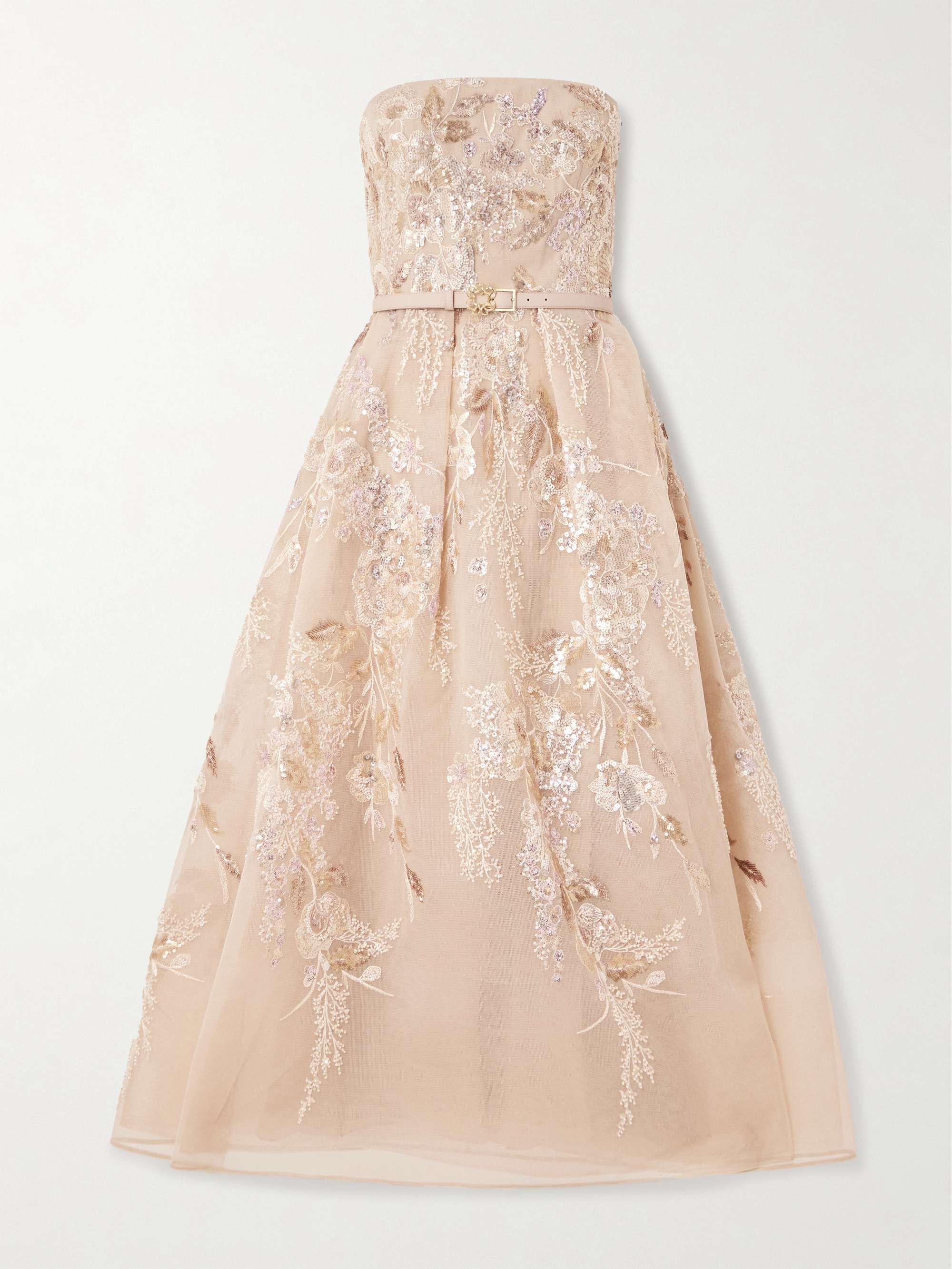 Belted strapless pleated embellished tulle midi dress hero visual