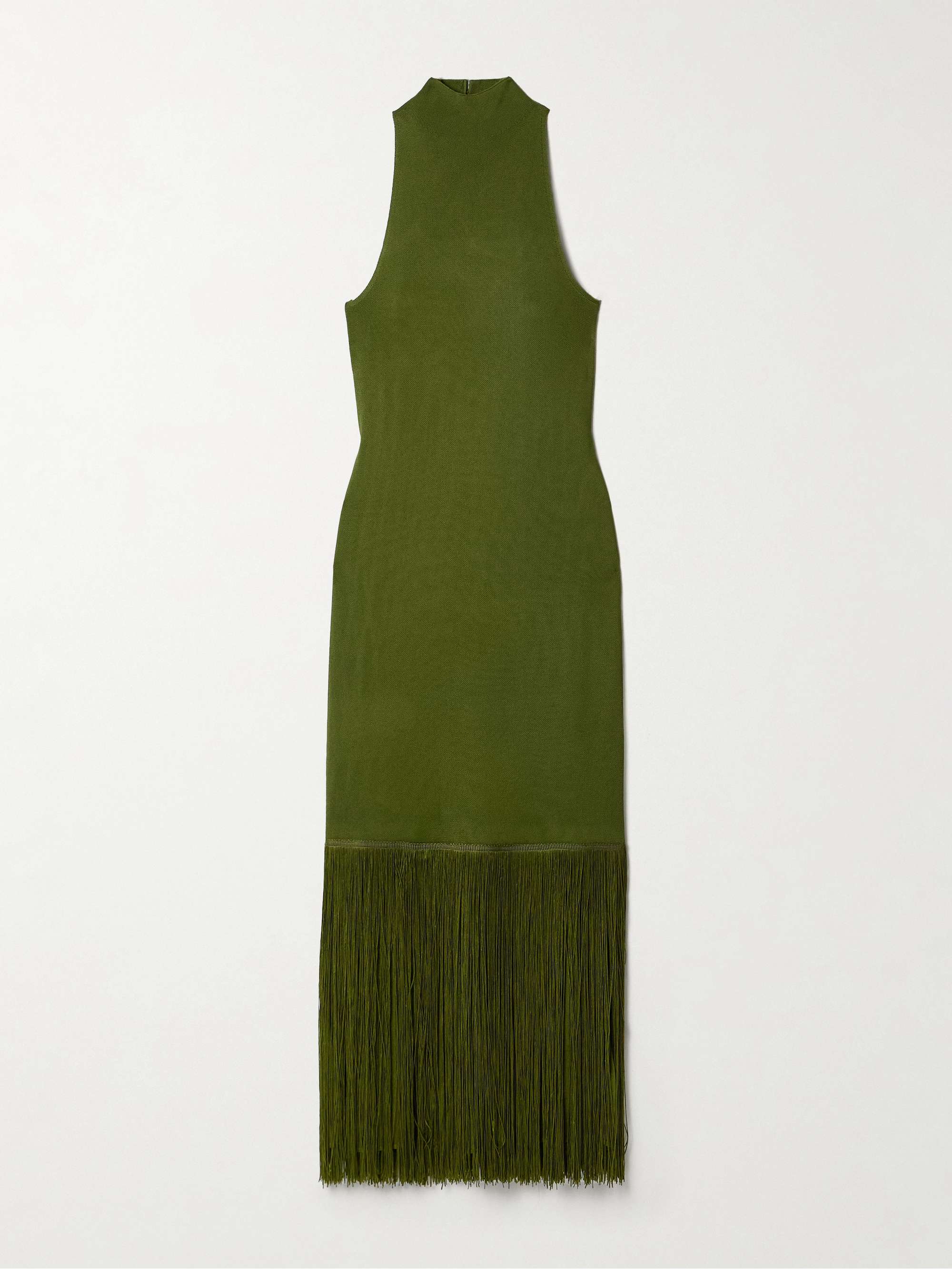 Cash fringed stretch-knit turtleneck midi dress hero visual
