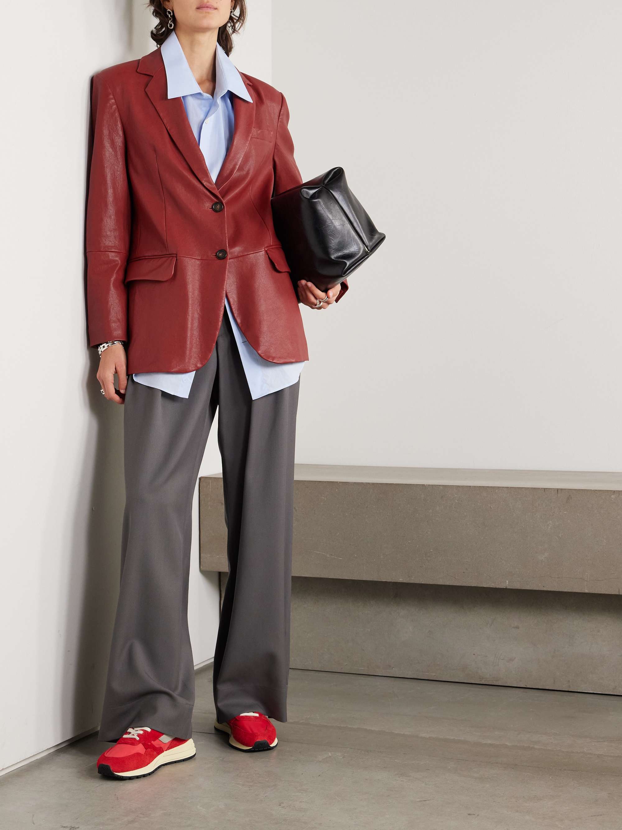 Paneled textured-leather blazer view