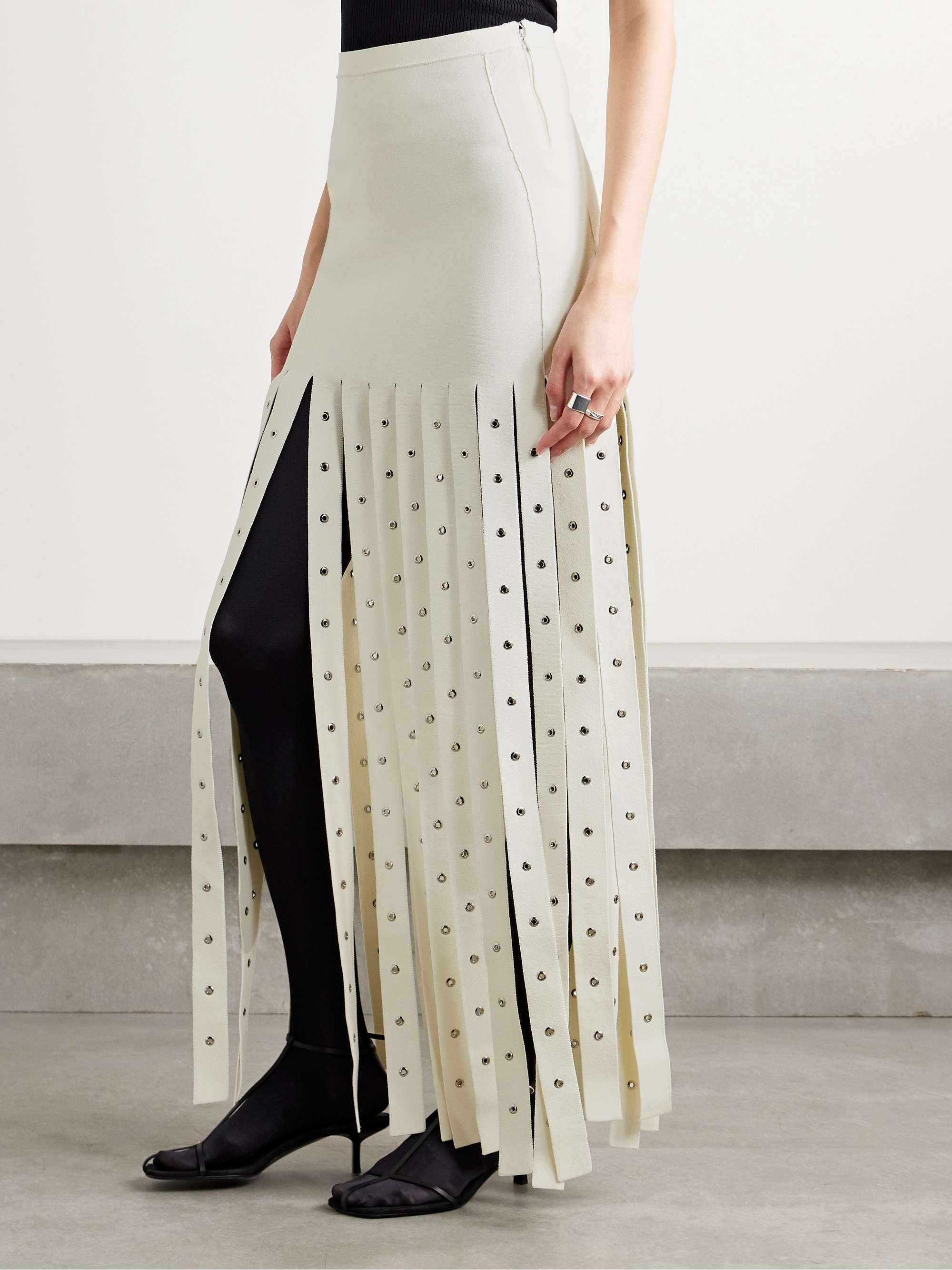 Effe eyelet-embellished fringed stretch-knit maxi skirt view