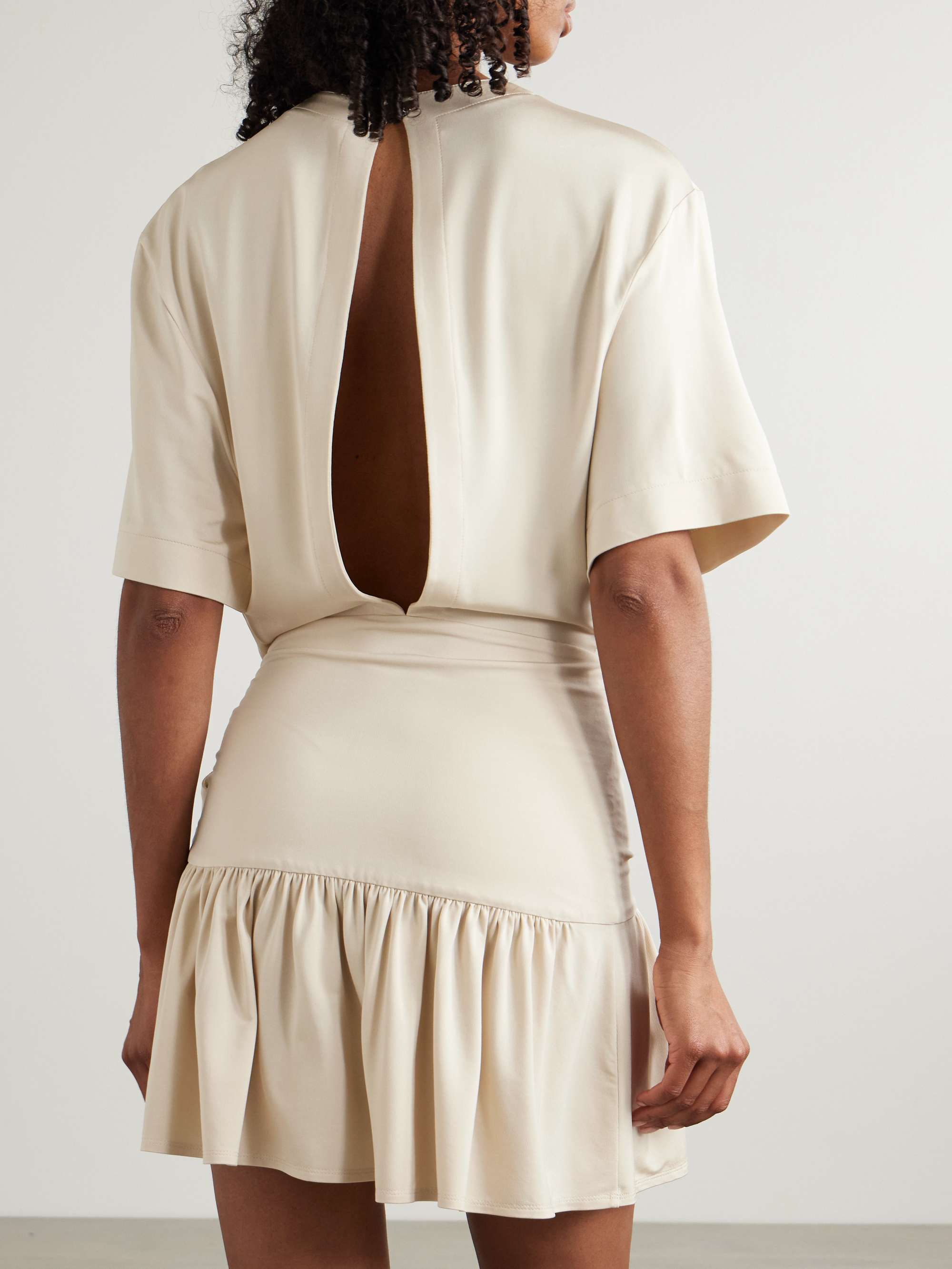 Asymmetric bow-detailed gathered satin-jersey mini dress view