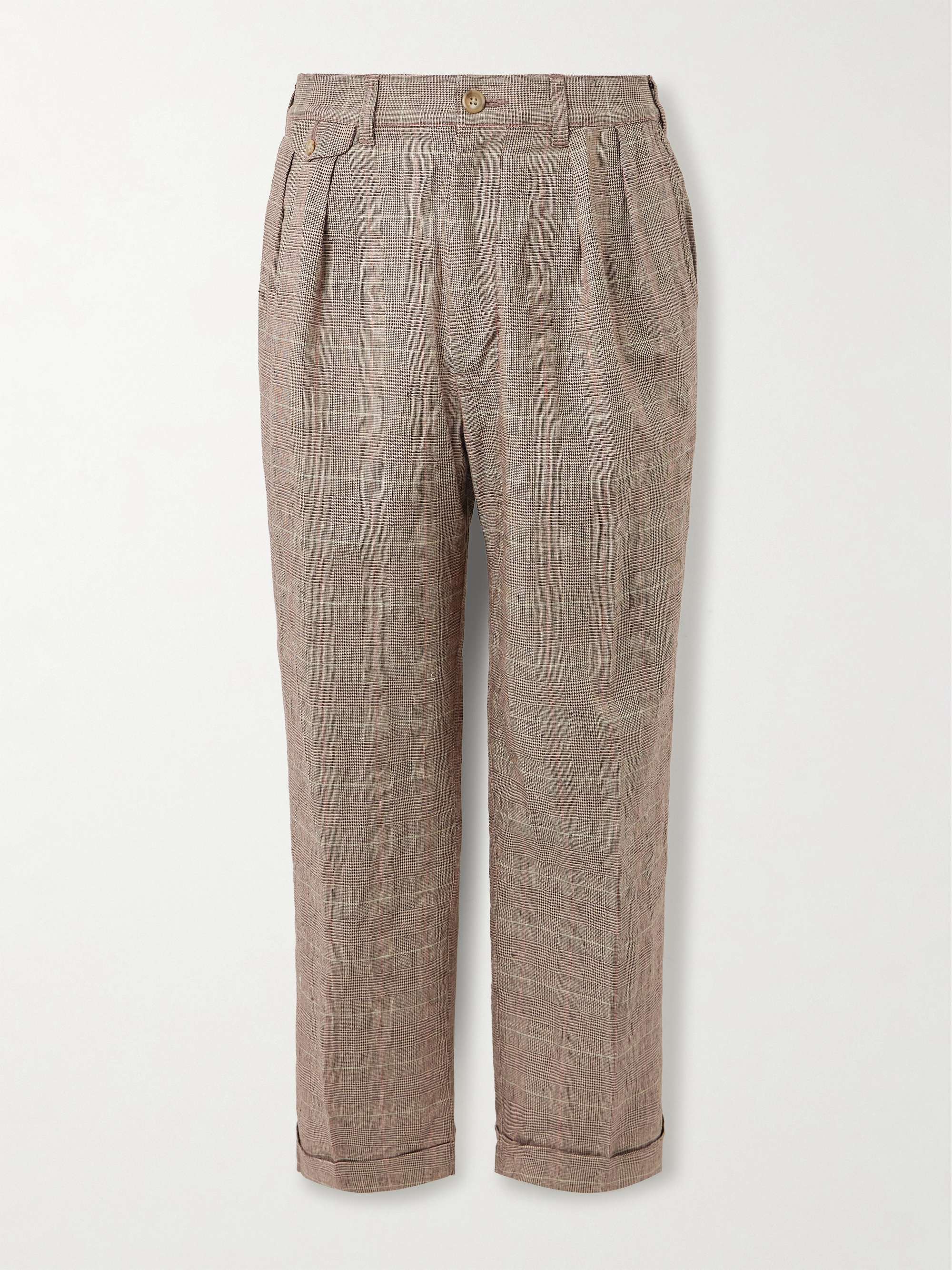 Straight-Leg Pleated Prince of Wales Checked Linen Suit Trousers hero visual