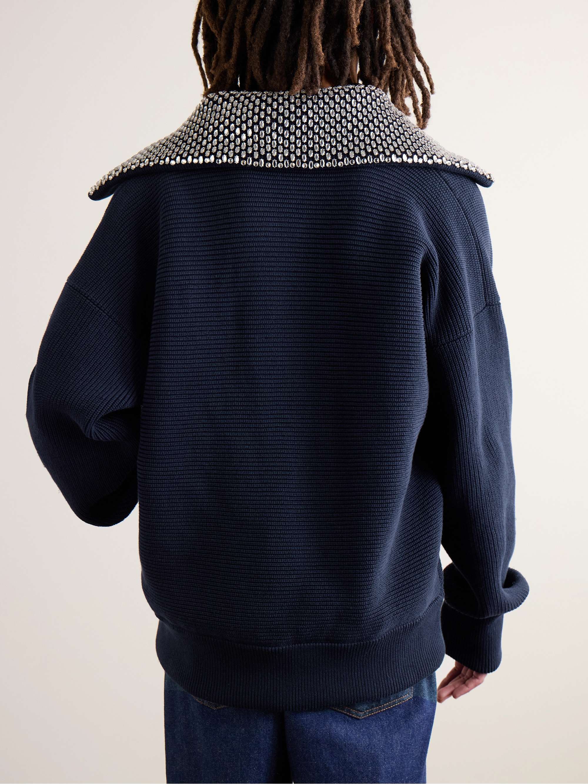 Crystal-Embellished Ribbed Cotton-Blend Sweater view