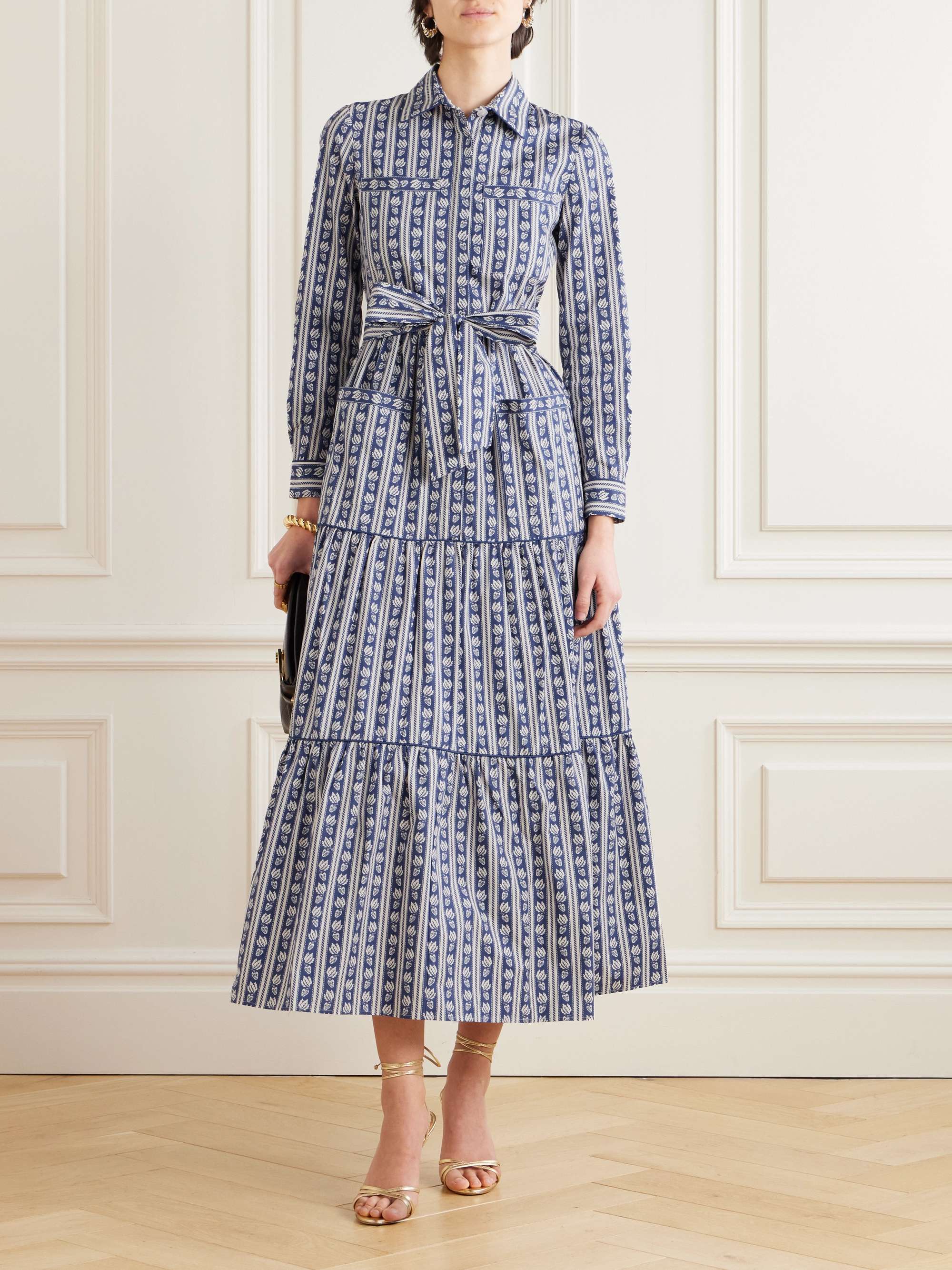 Uma belted tiered printed striped cotton-poplin midi dress view