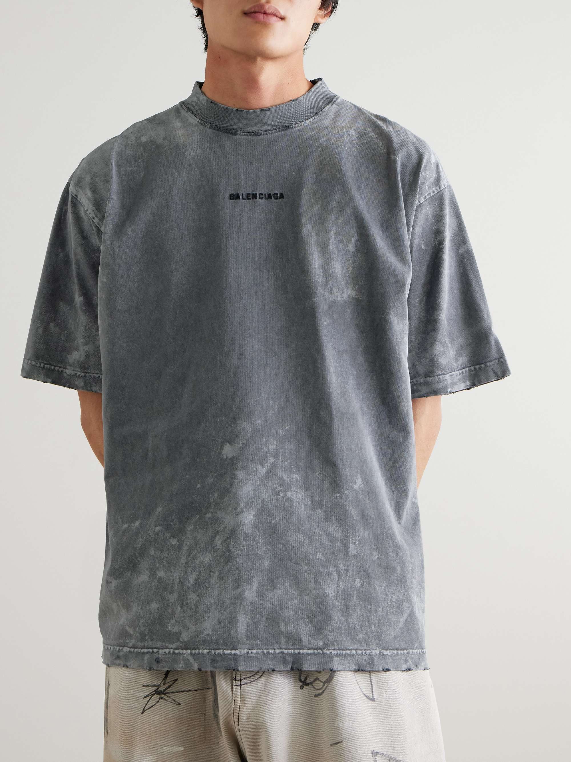 Oversized Distressed Logo-Embroidered Printed Cotton-Jersey T-Shirt view