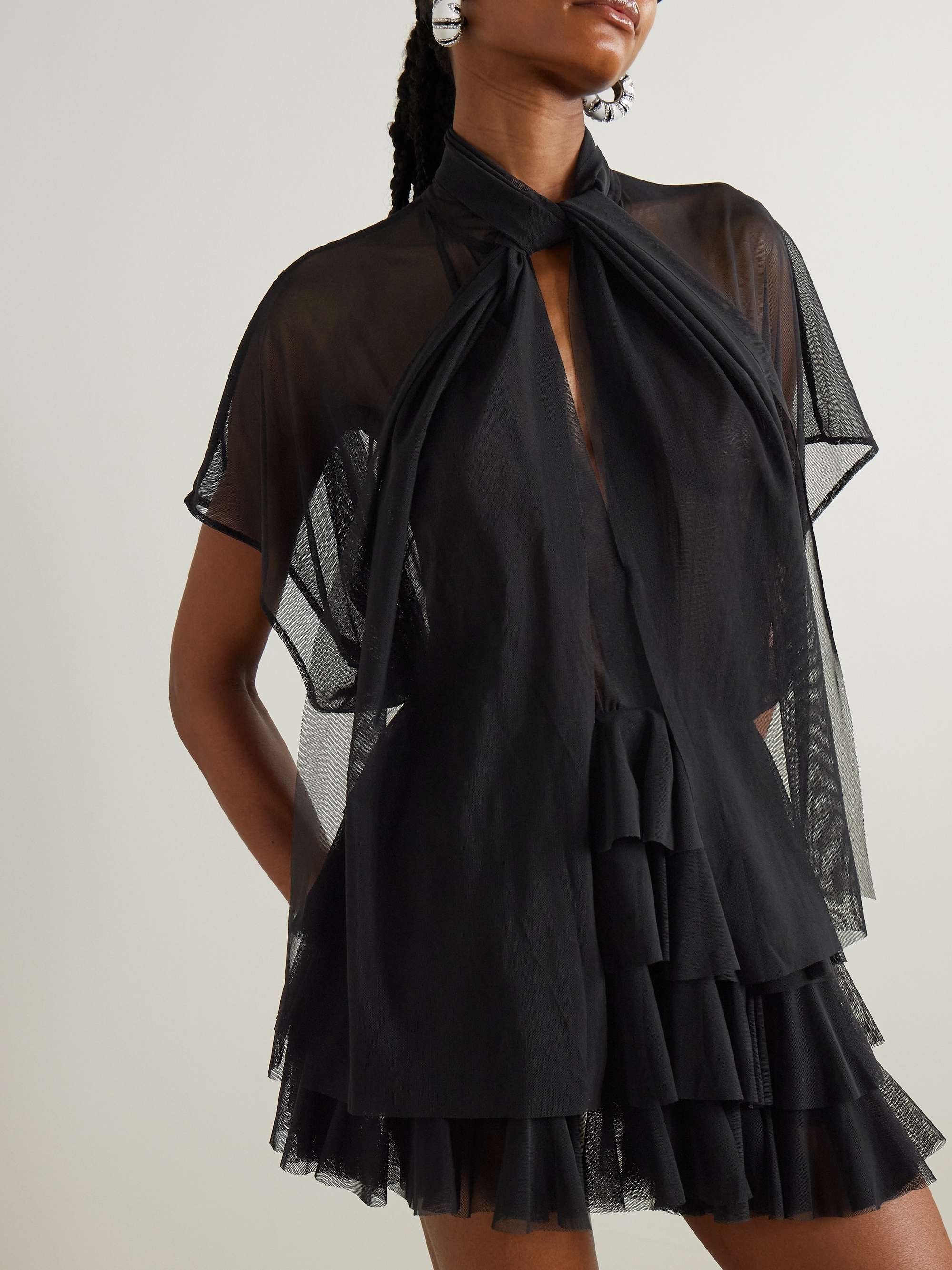 Lauren bow-detailed tiered ruffled tulle mini dress view