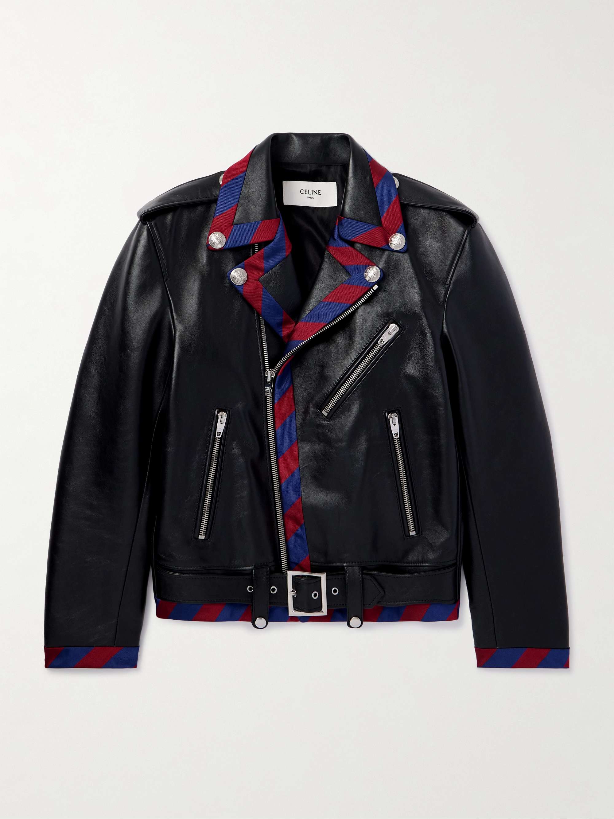Belted Striped Twill-Trimmed Leather Biker Jacket hero visual