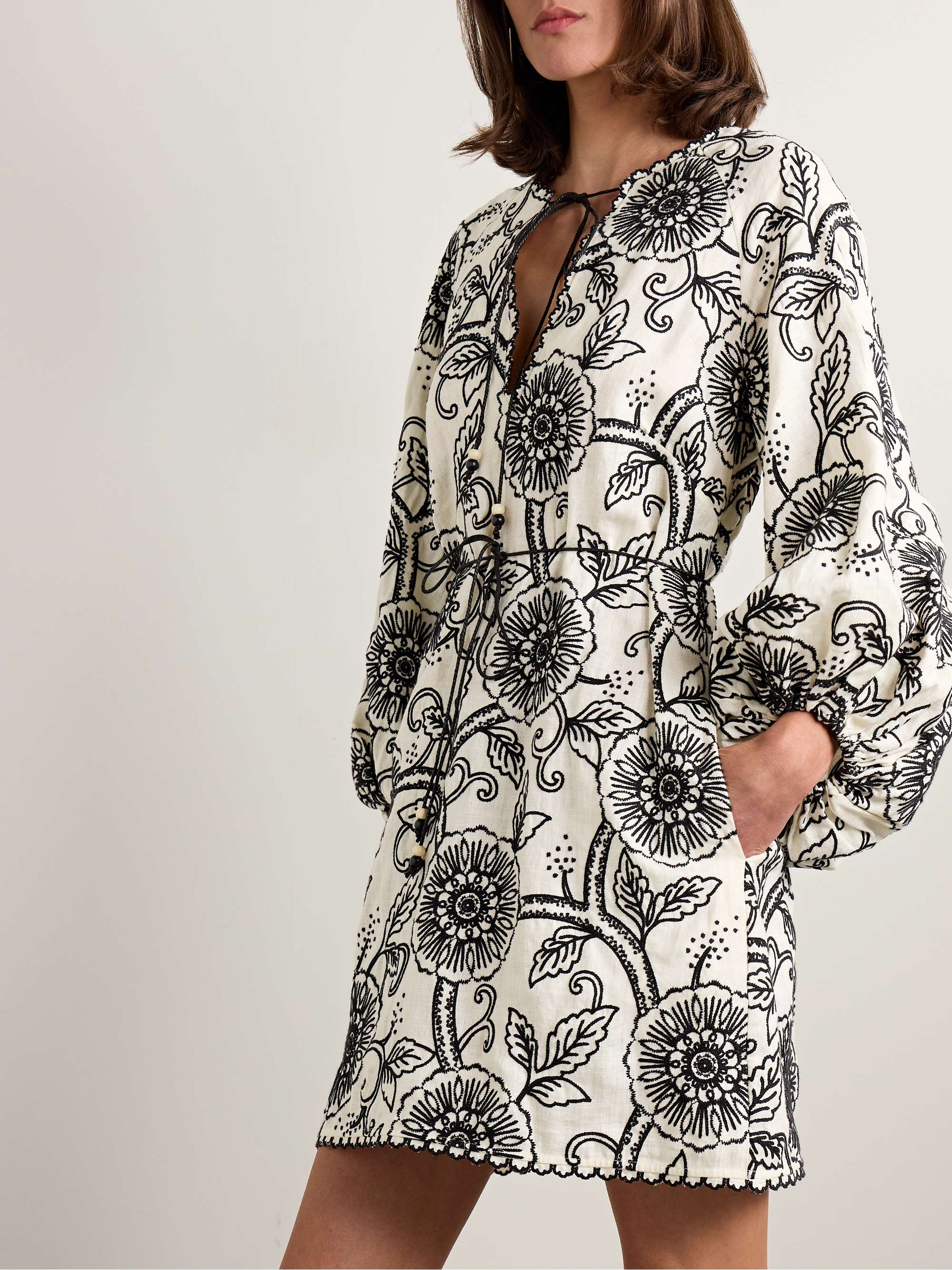 Tallow belted embroidered linen mini dress view