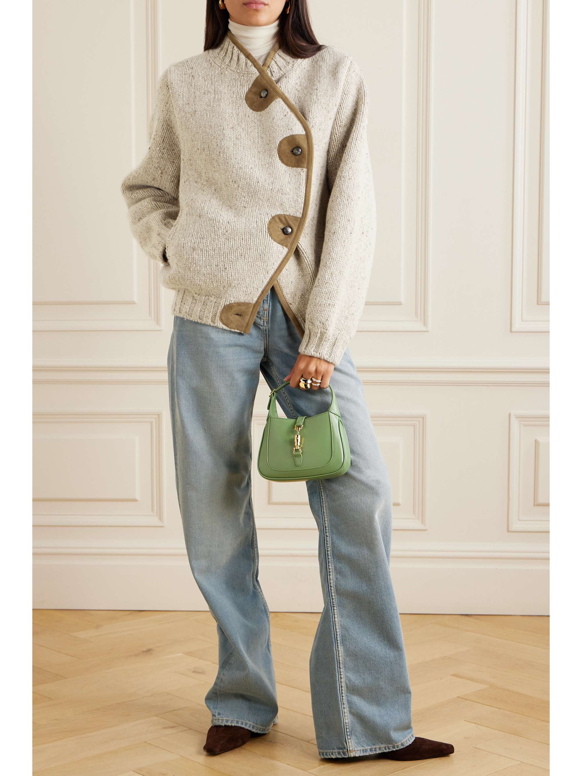 Newcastle asymmetric suede-trimmed wool and cashmere-blend cardigan view