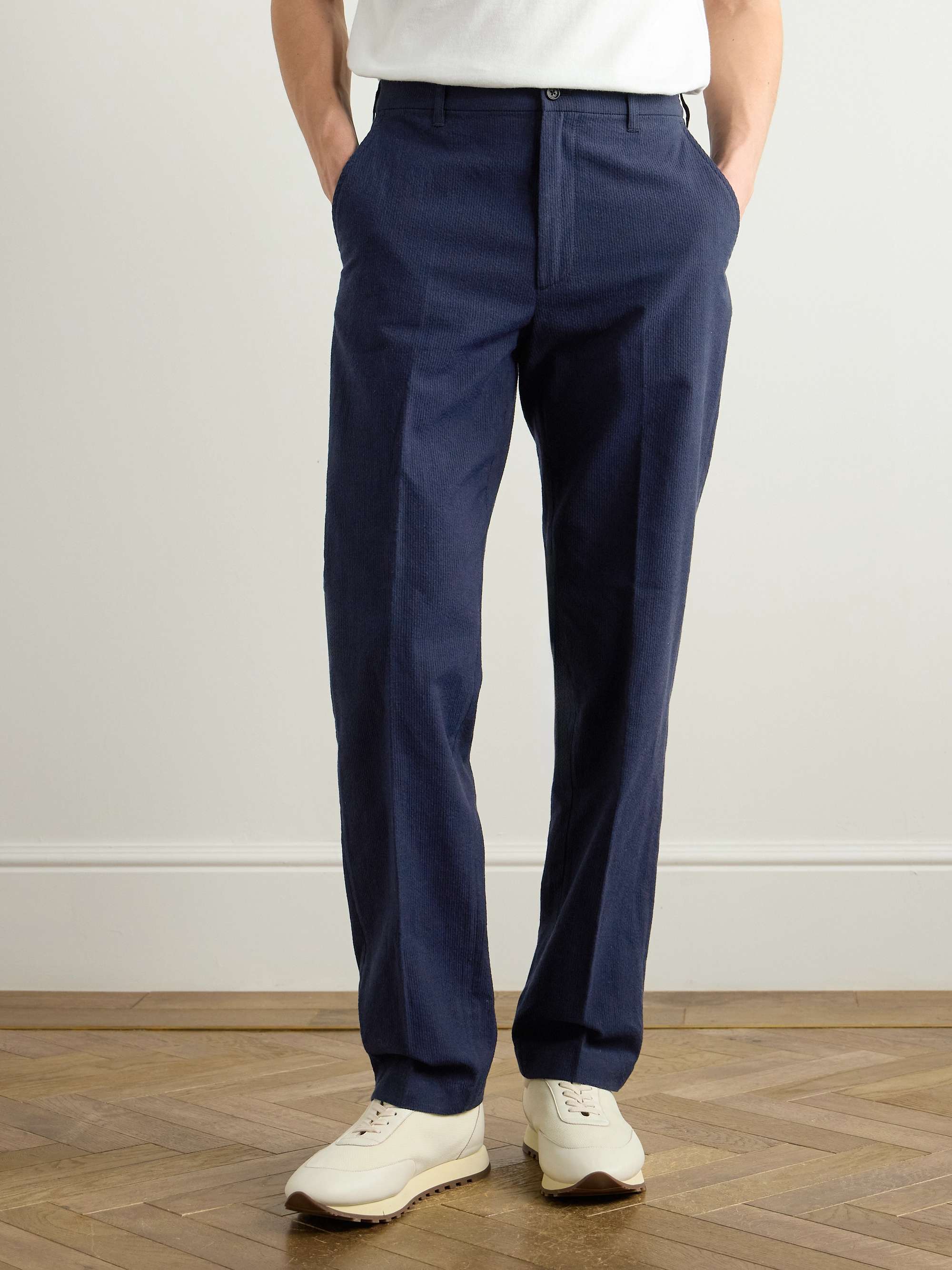 Straight-Leg Striped Cotton and Linen-Blend Trousers view