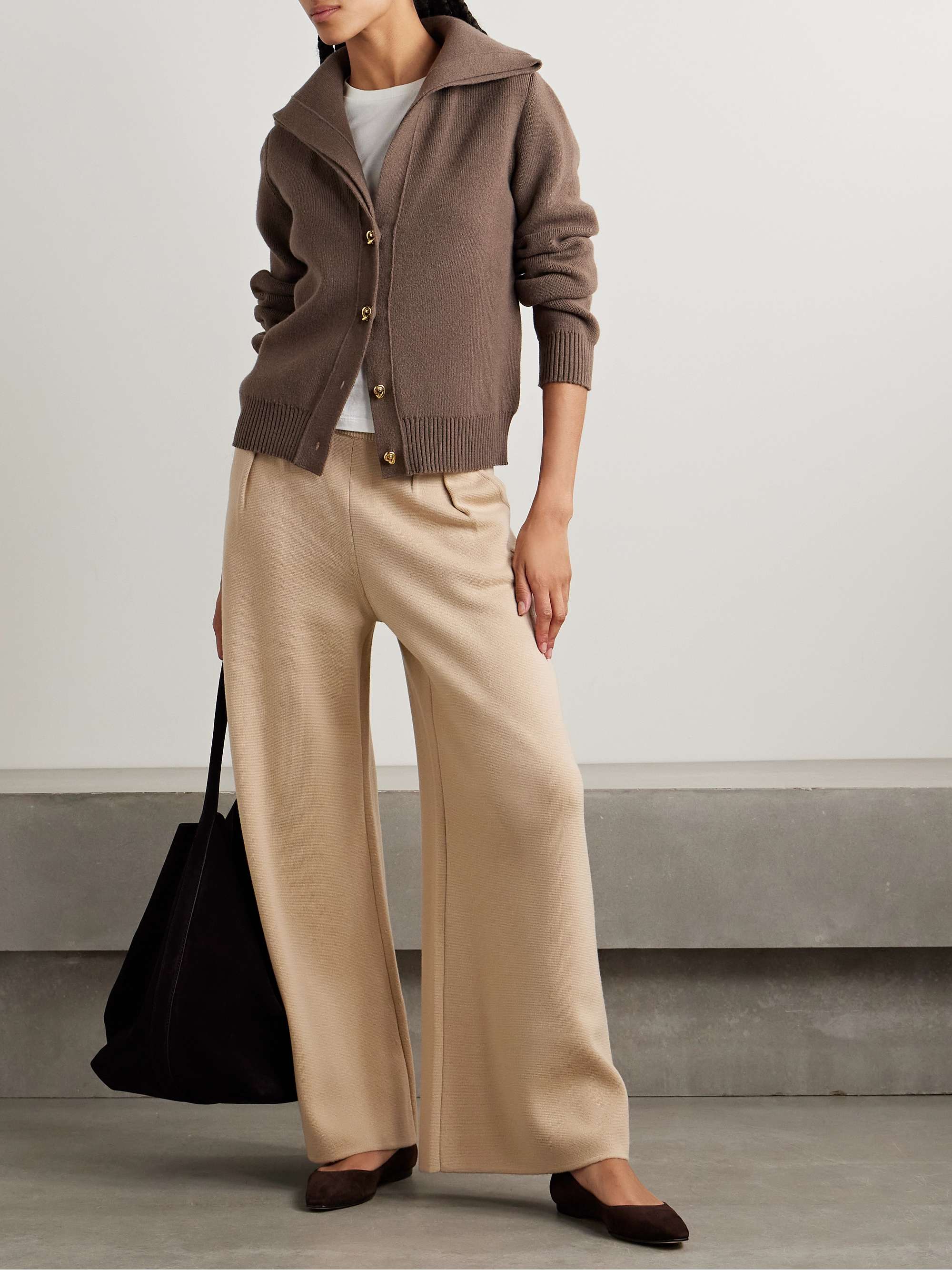 Embroidered pleated wool wide-leg pants view