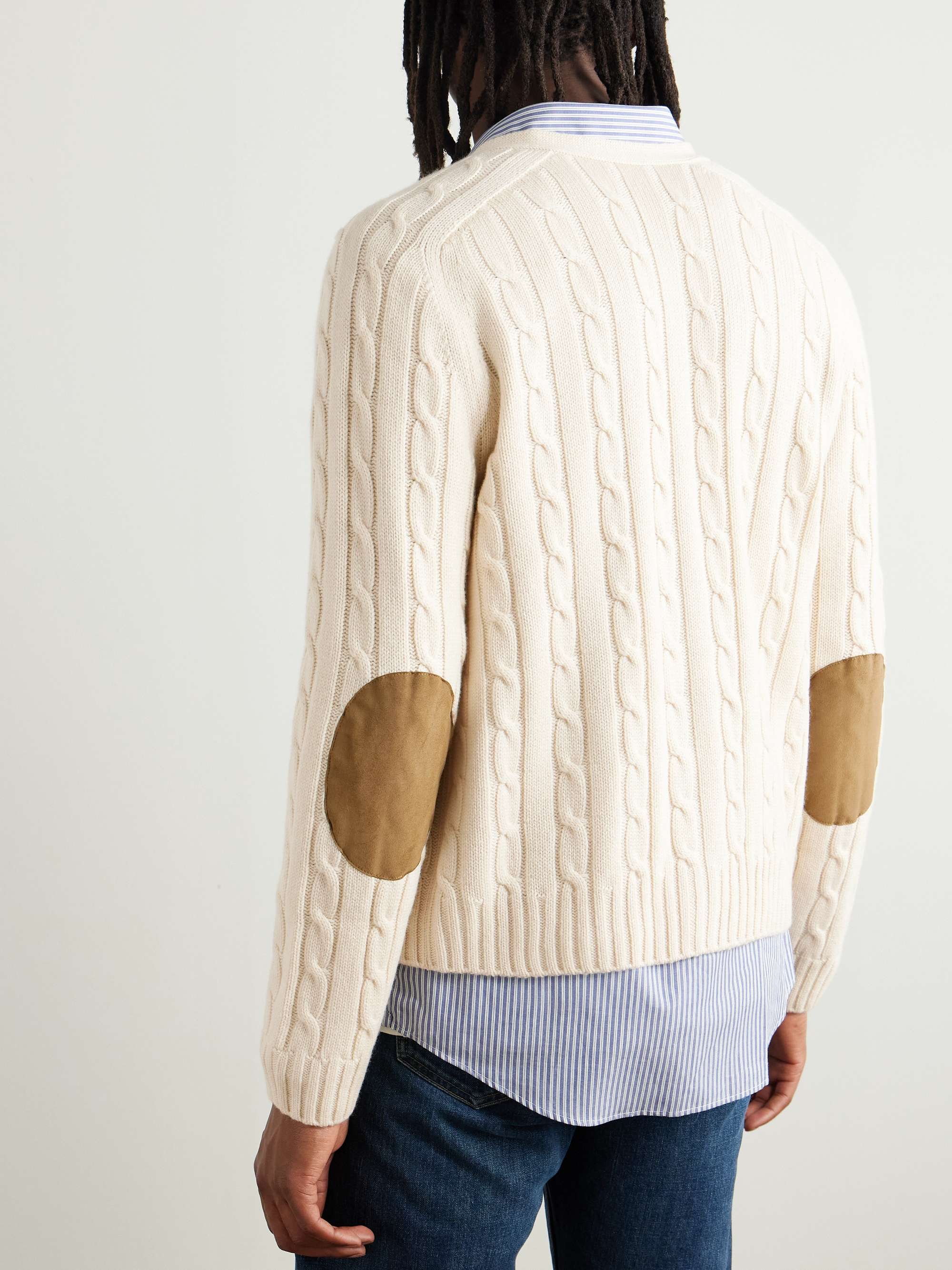 Slim-Fit Logo-Embroidered Cable-Knit Suede-Trimmed Cashmere Cardigan view
