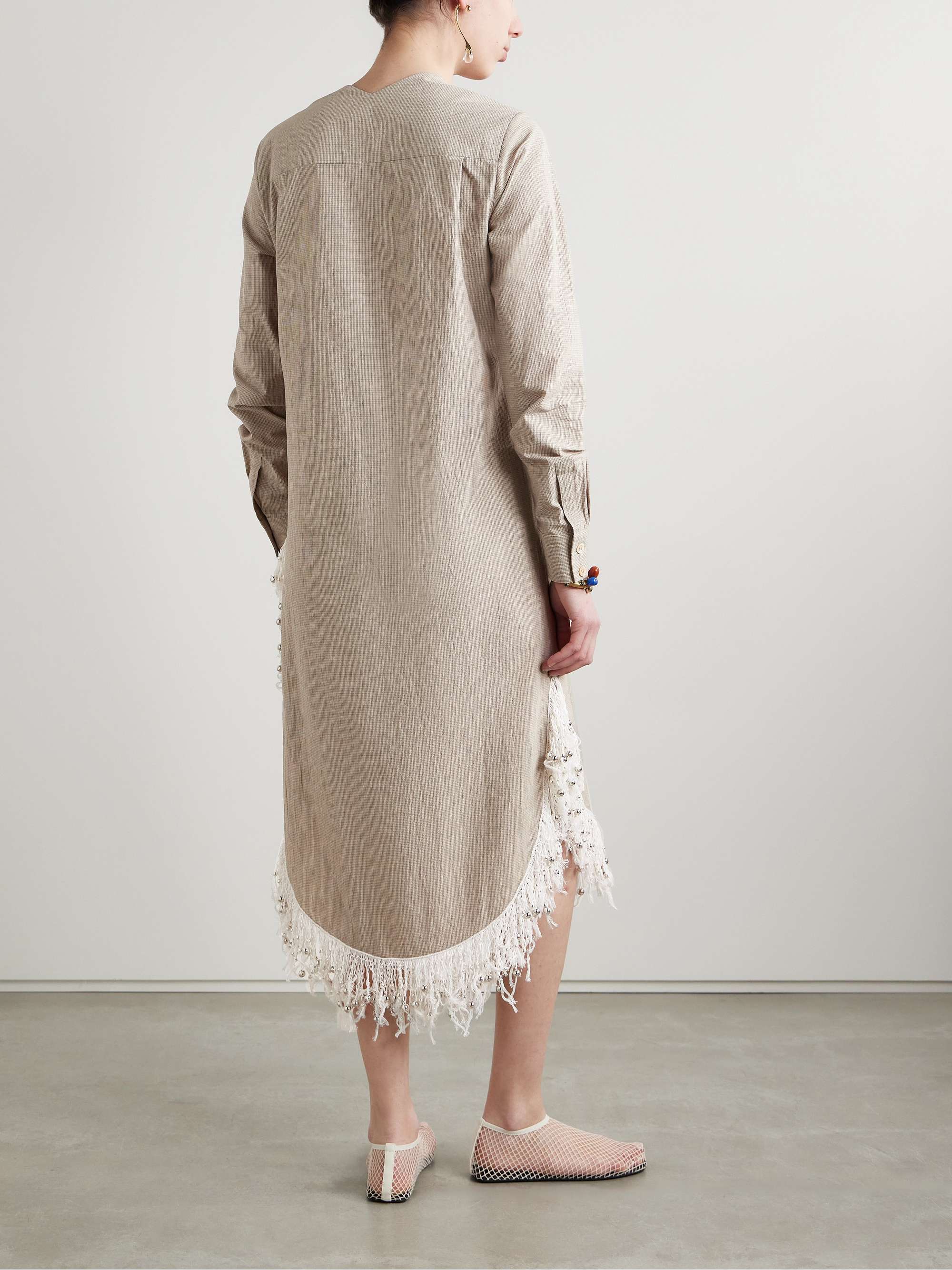 Una oversized fringed bead-embellished checked organic cotton midi dress view