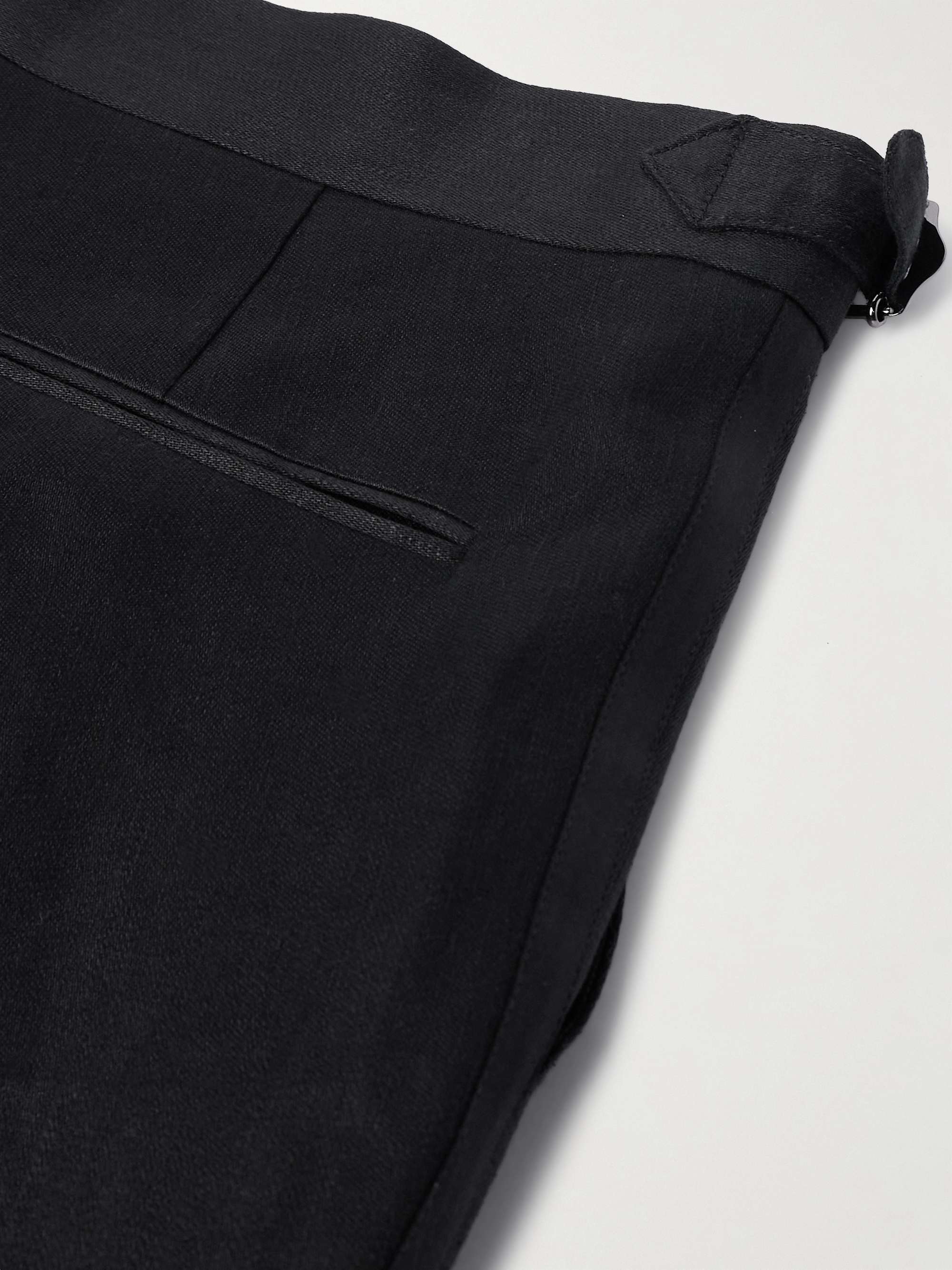 Tapered Pleated Cotton and Silk-Blend Satin-Trimmed Linen Tuxedo Trousers view