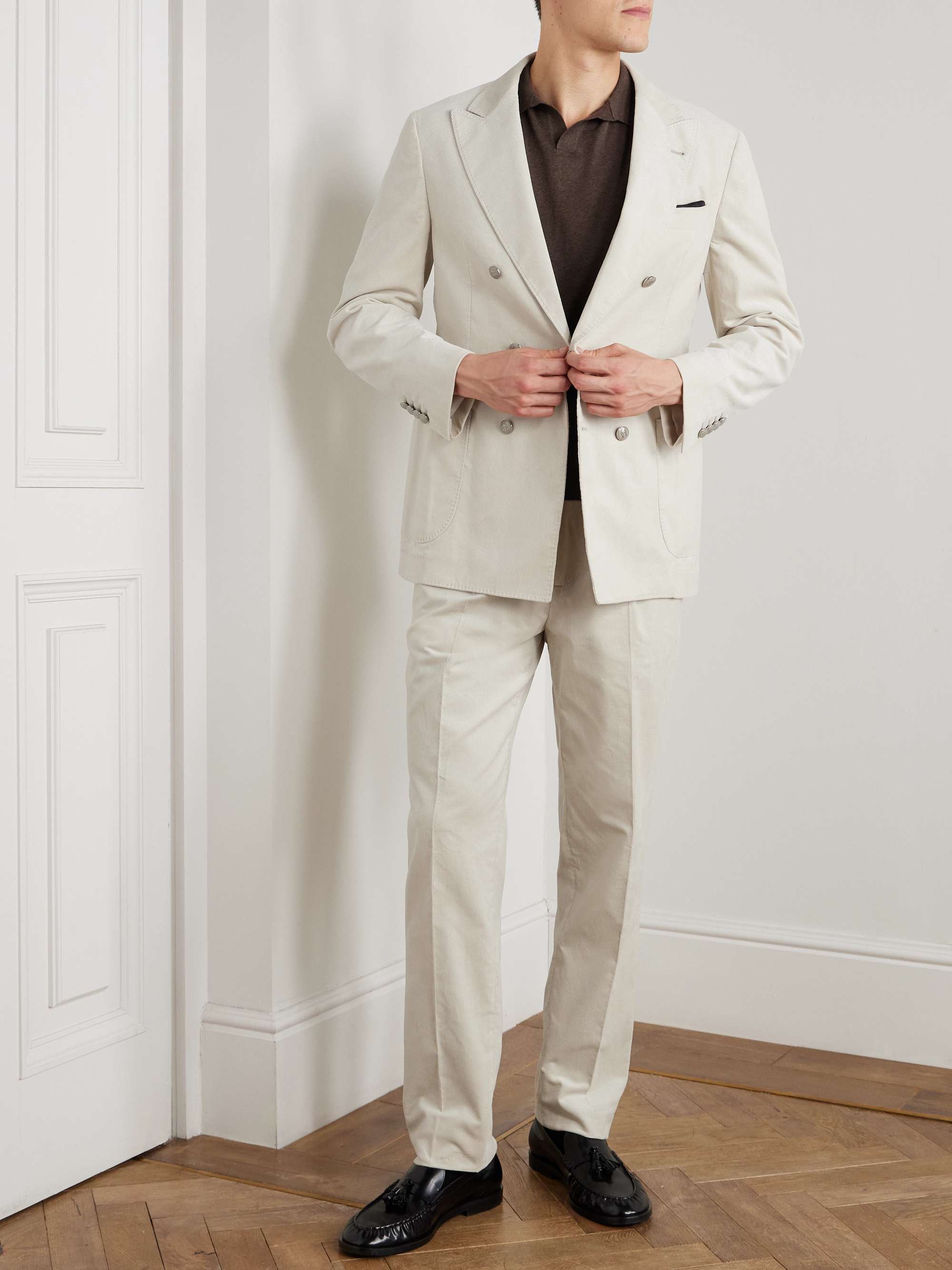 Straight-Leg Pleated Cotton-Corduroy Suit Trousers view