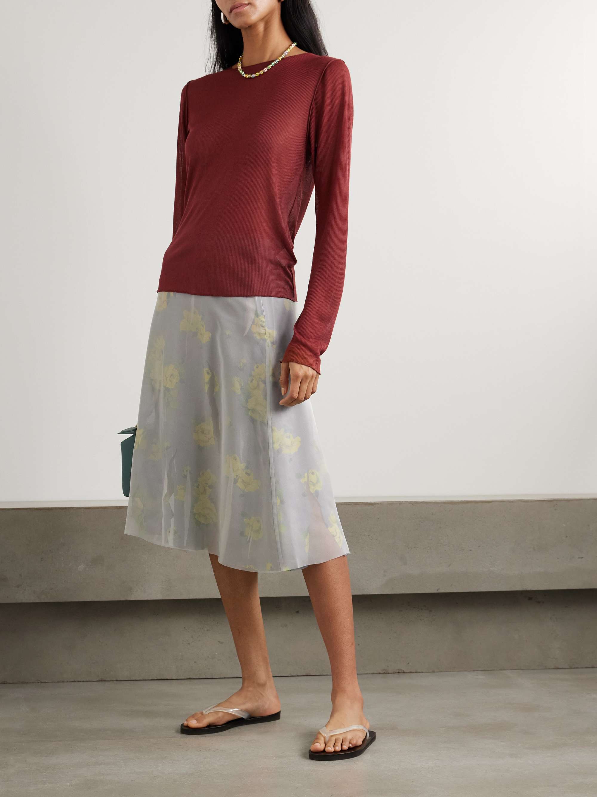 Layered distressed chiffon and floral-print crepe skirt view