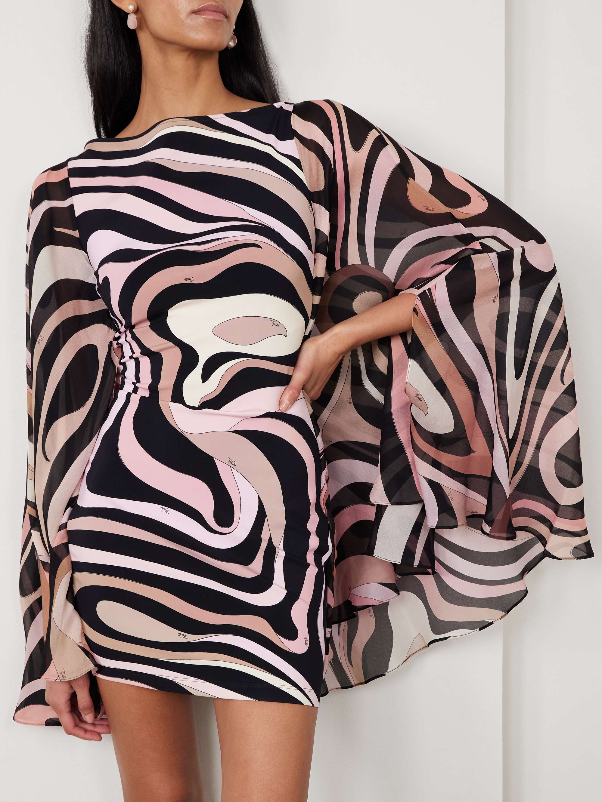 Cape-effect printed silk crepe de chine and stretch-jersey mini dress view