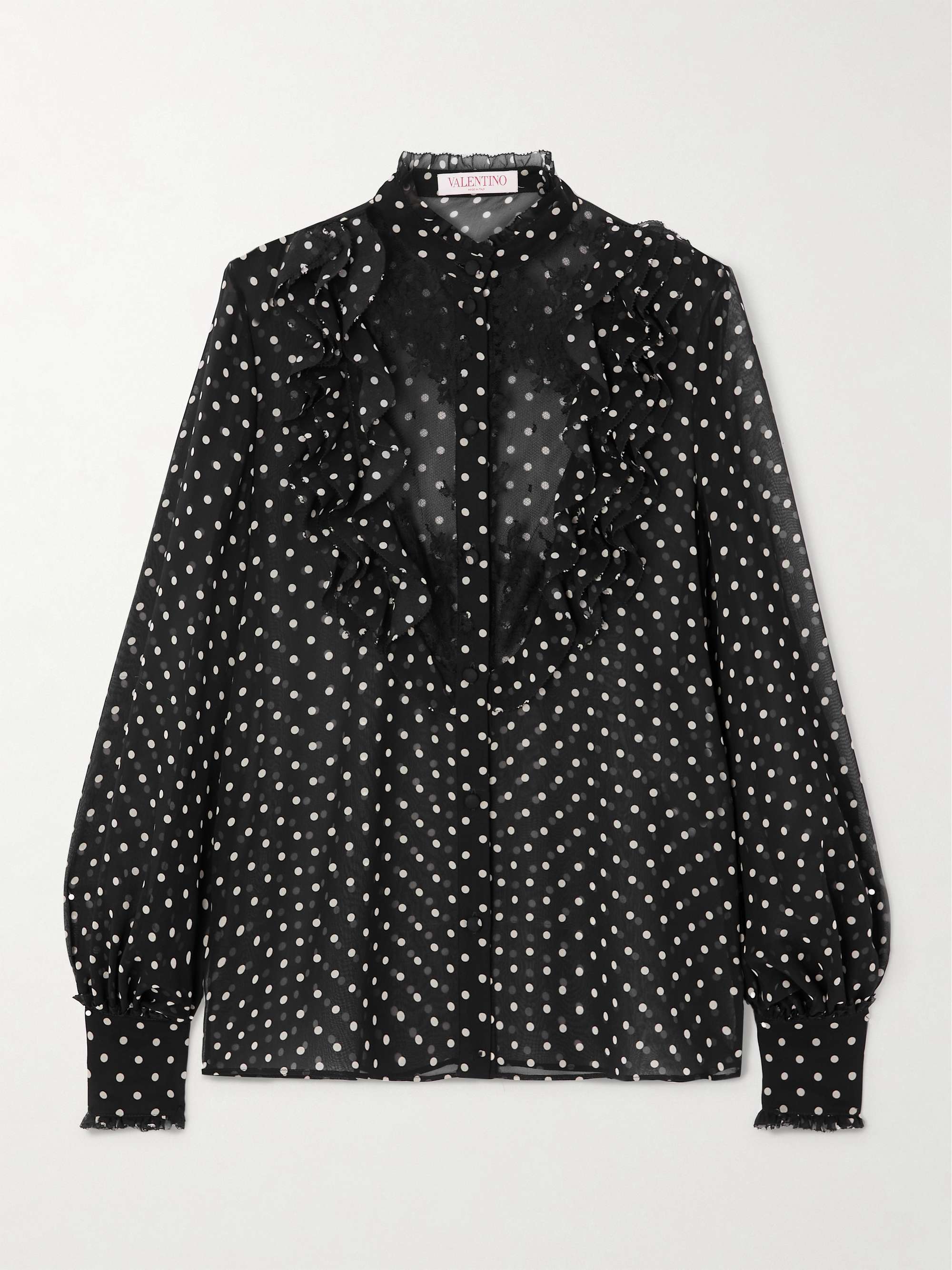 Ruffled lace-trimmed polka-dot silk-chiffon shirt hero visual