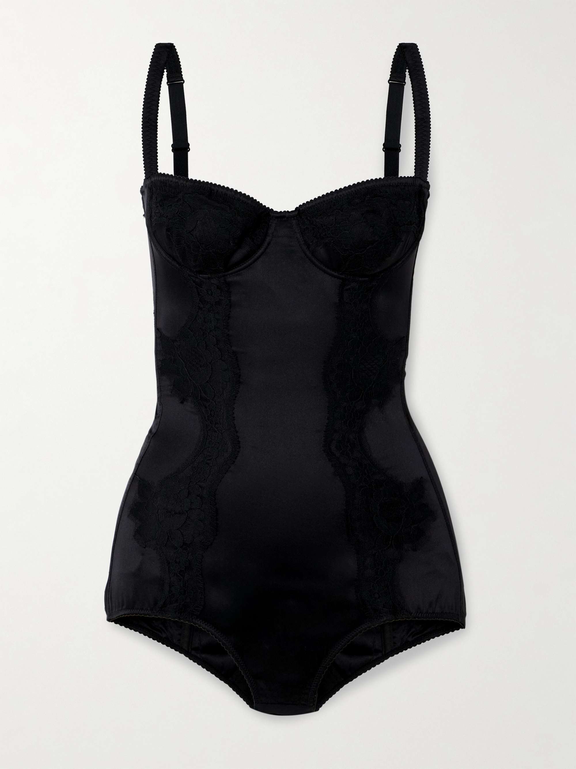 Lace-trimmed silk-blend satin bodysuit hero visual
