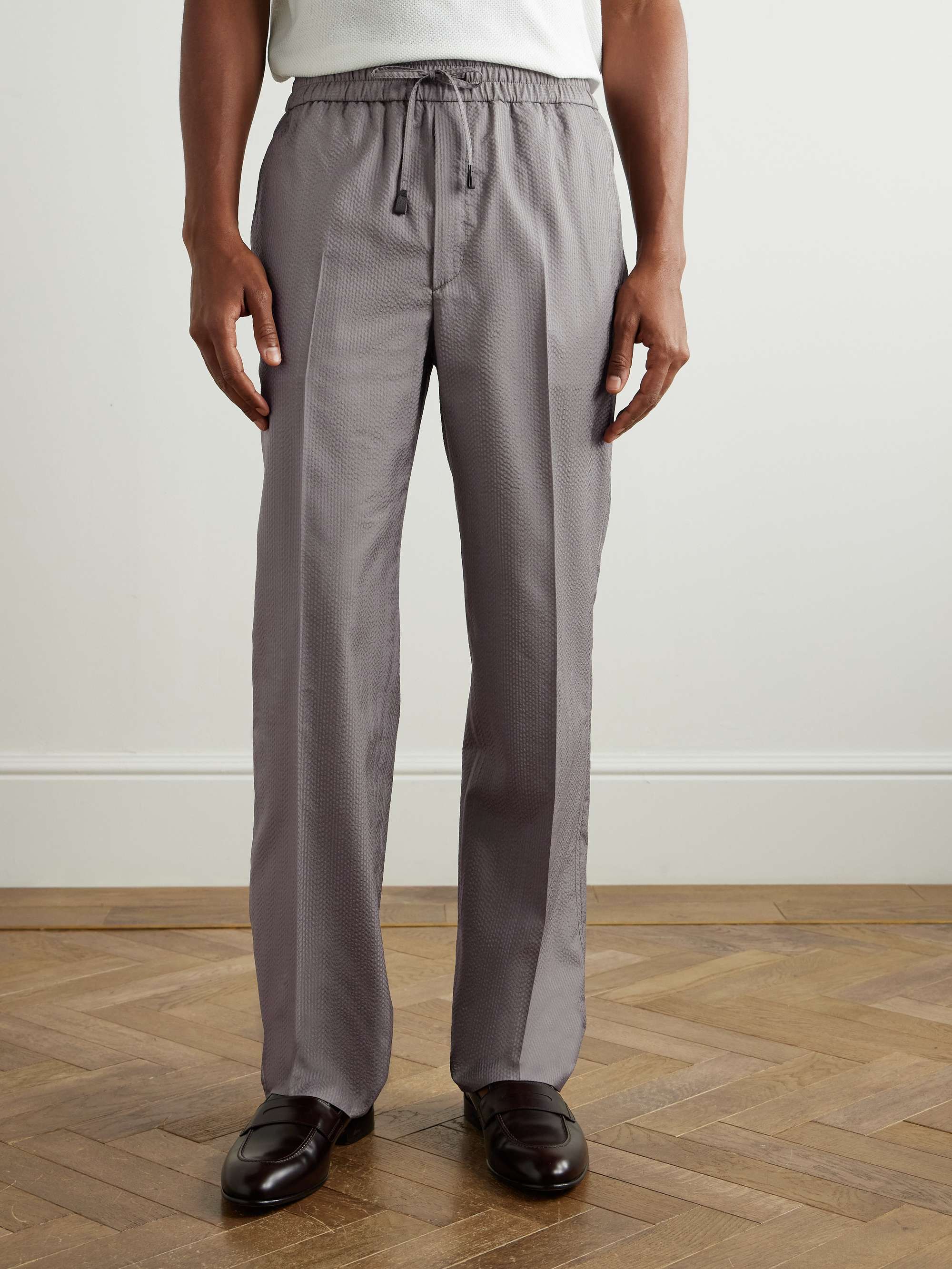 Asolo Straight-Leg Herringbone Silk-Seersucker Suit Trousers view