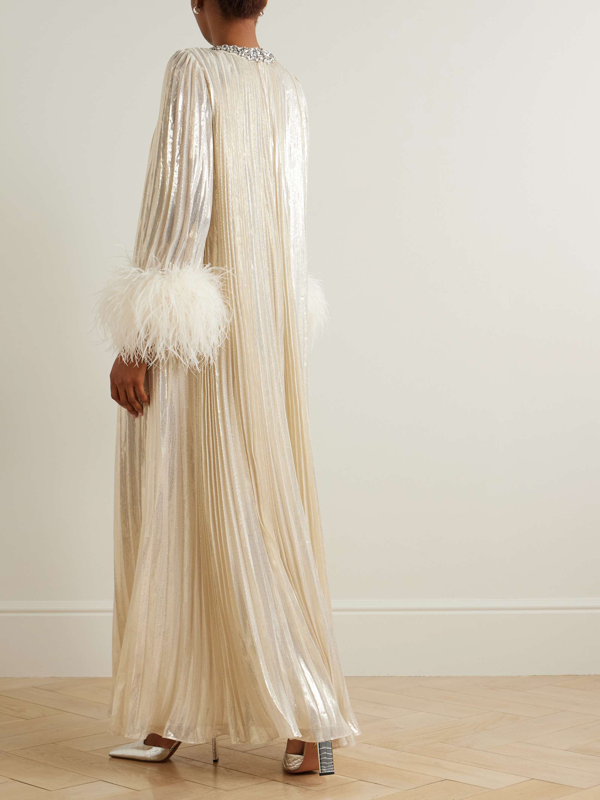 Feather-trimmed crystal-embellished silk-blend lamé maxi dress view