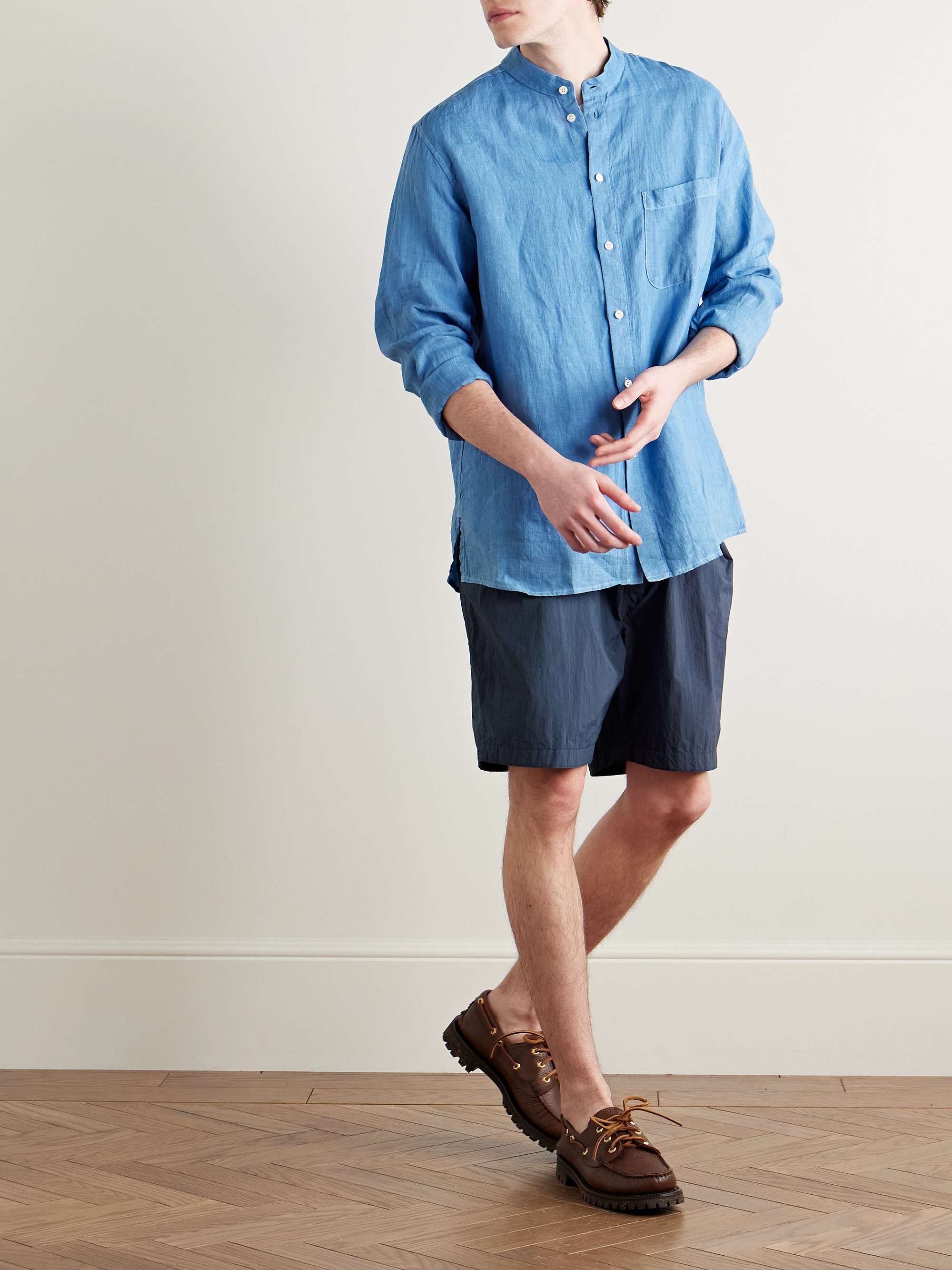 Tapered Pleated Indigo-Dyed Nylon Shorts view