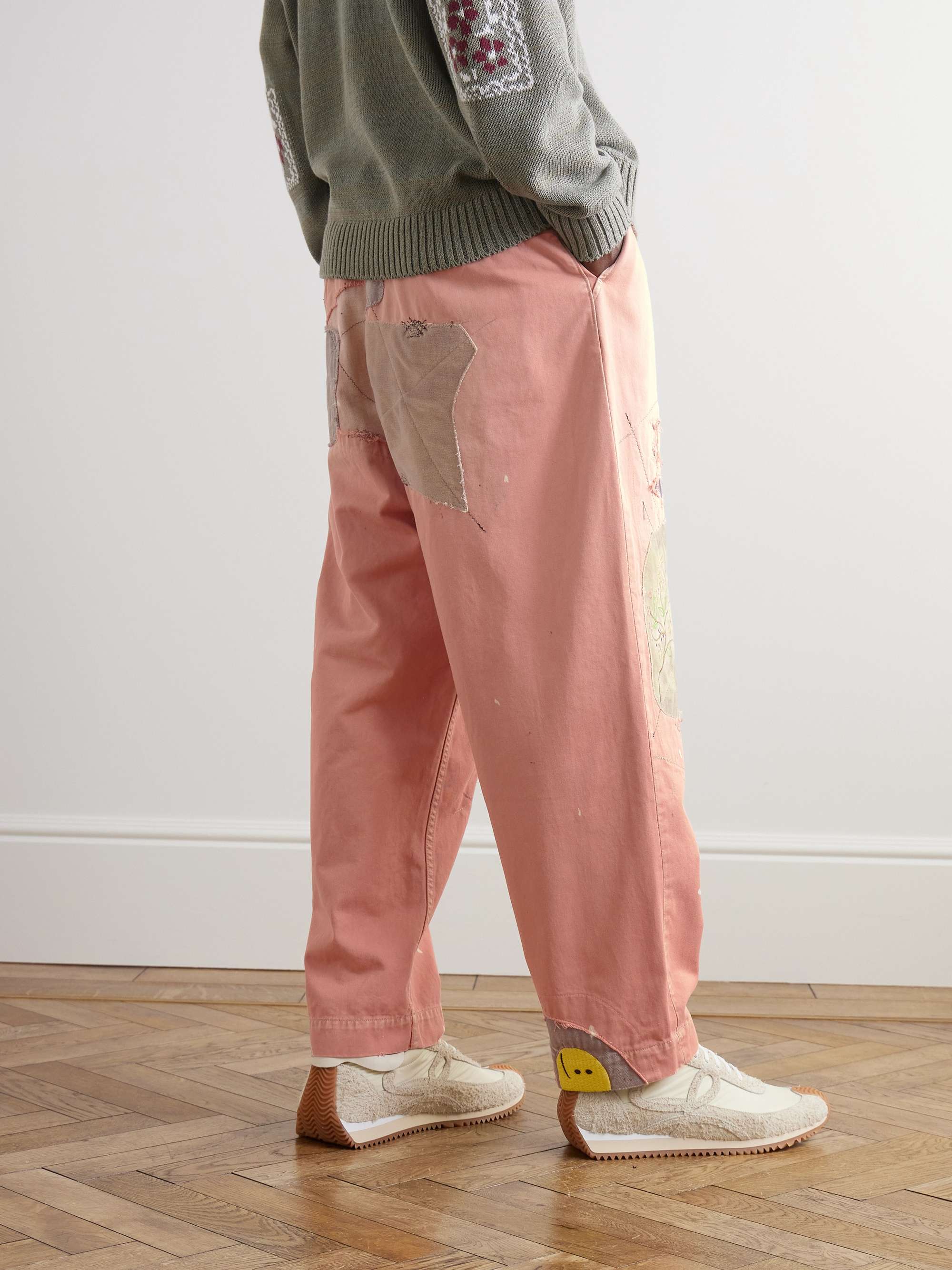 Katsuragi Tapered Appliquéd Distressed Cotton-Twill Trousers view