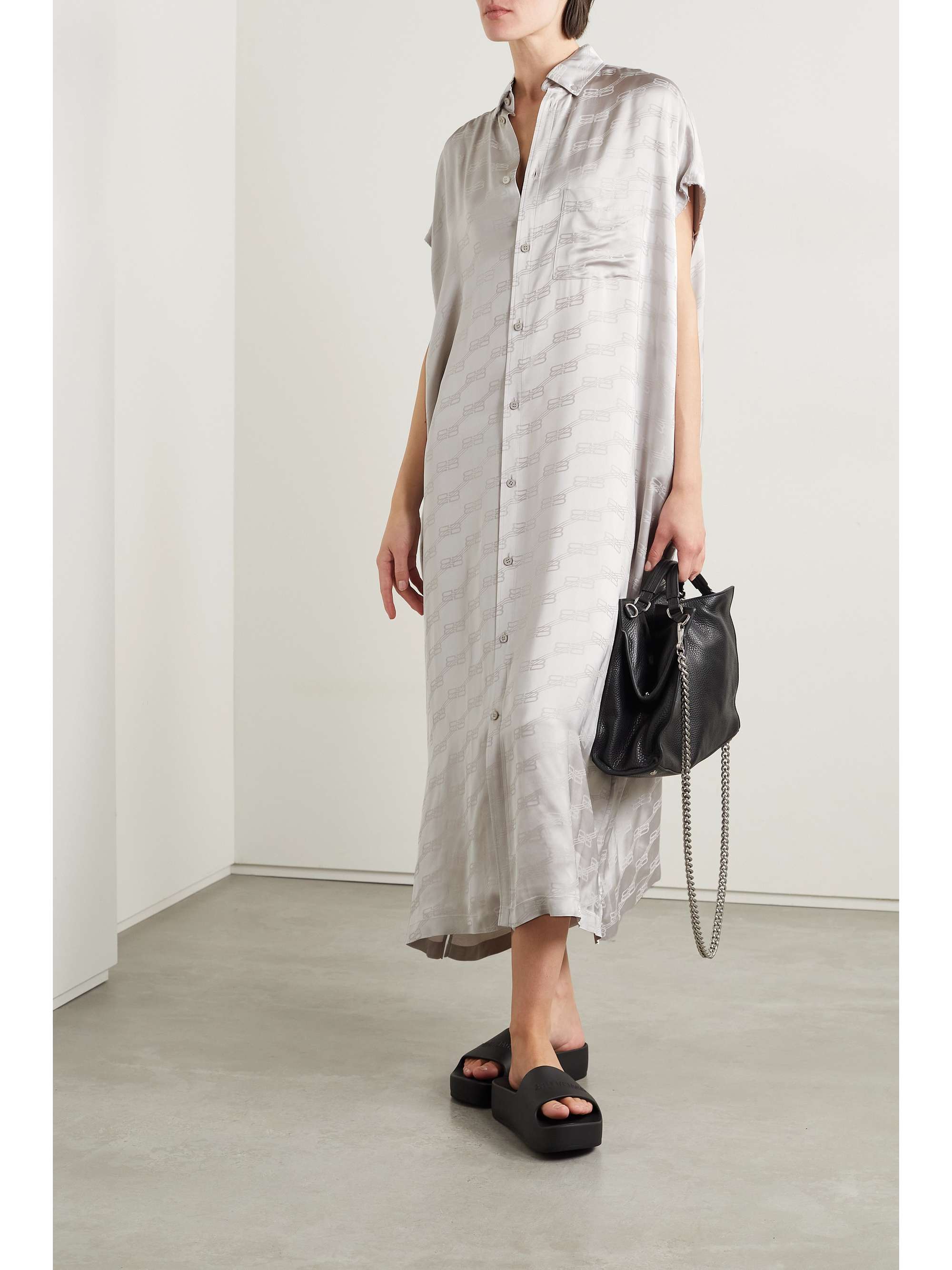 Oversized frayed satin-jacquard midi shirt dress view