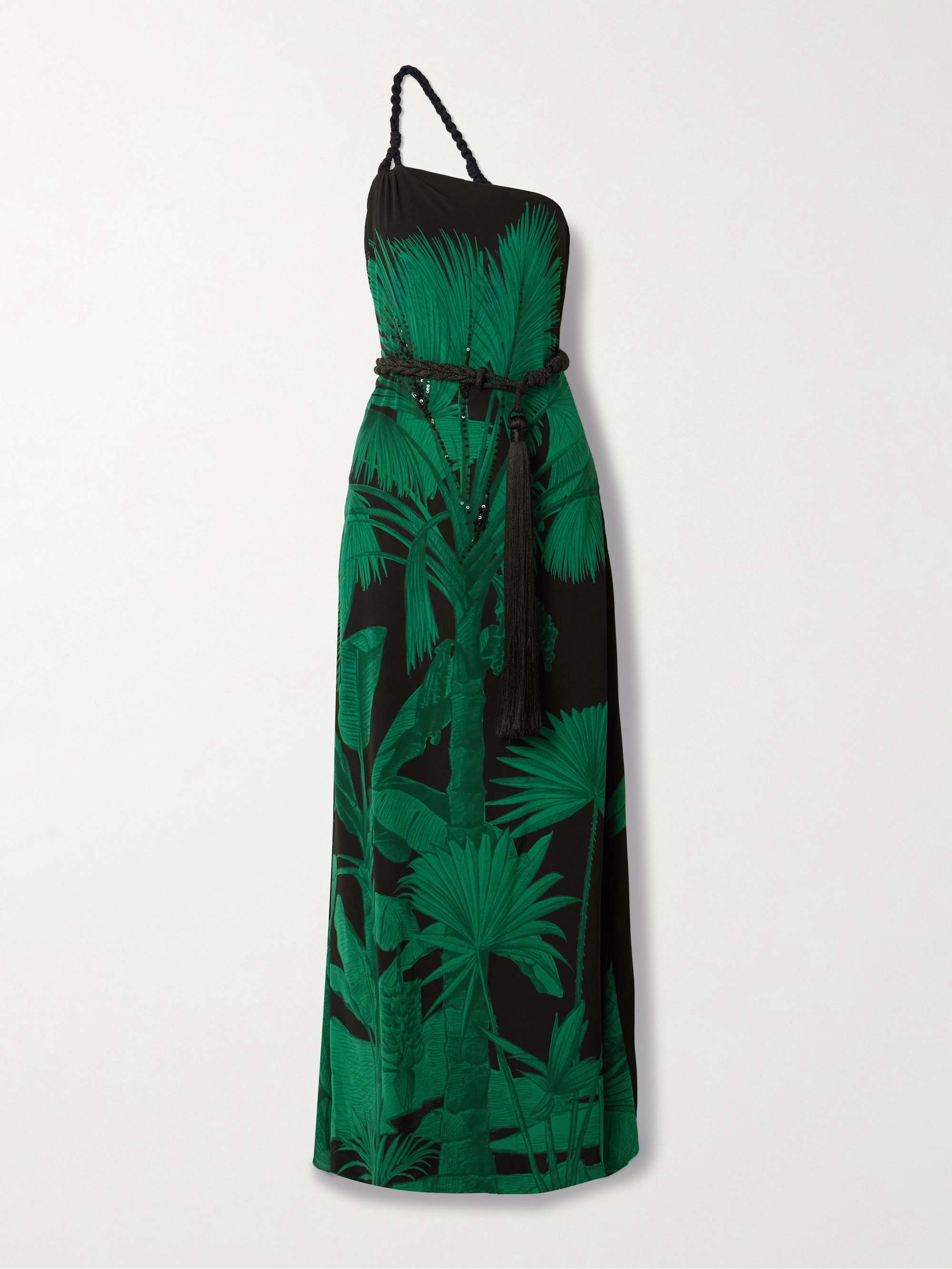 Exceptional Joy belted embellished printed silk crepe de chine maxi dress hero visual