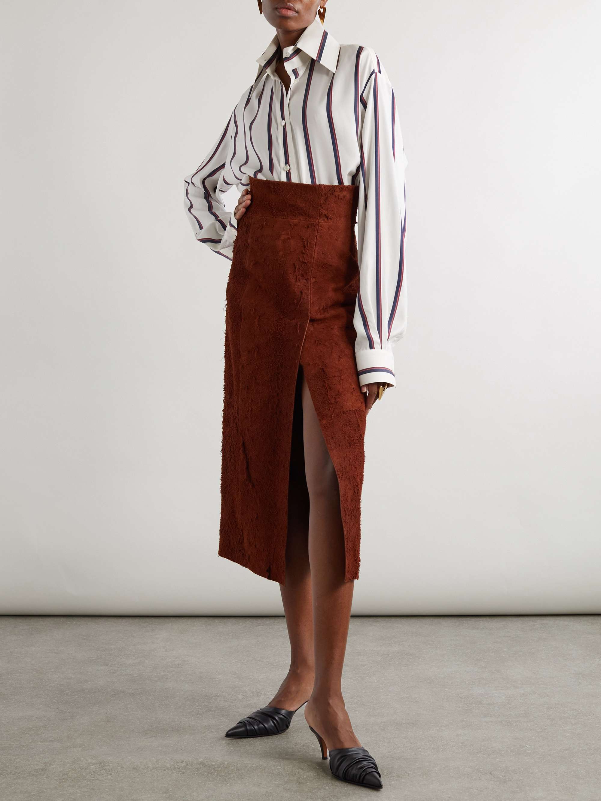 Distressed suede midi skirt view