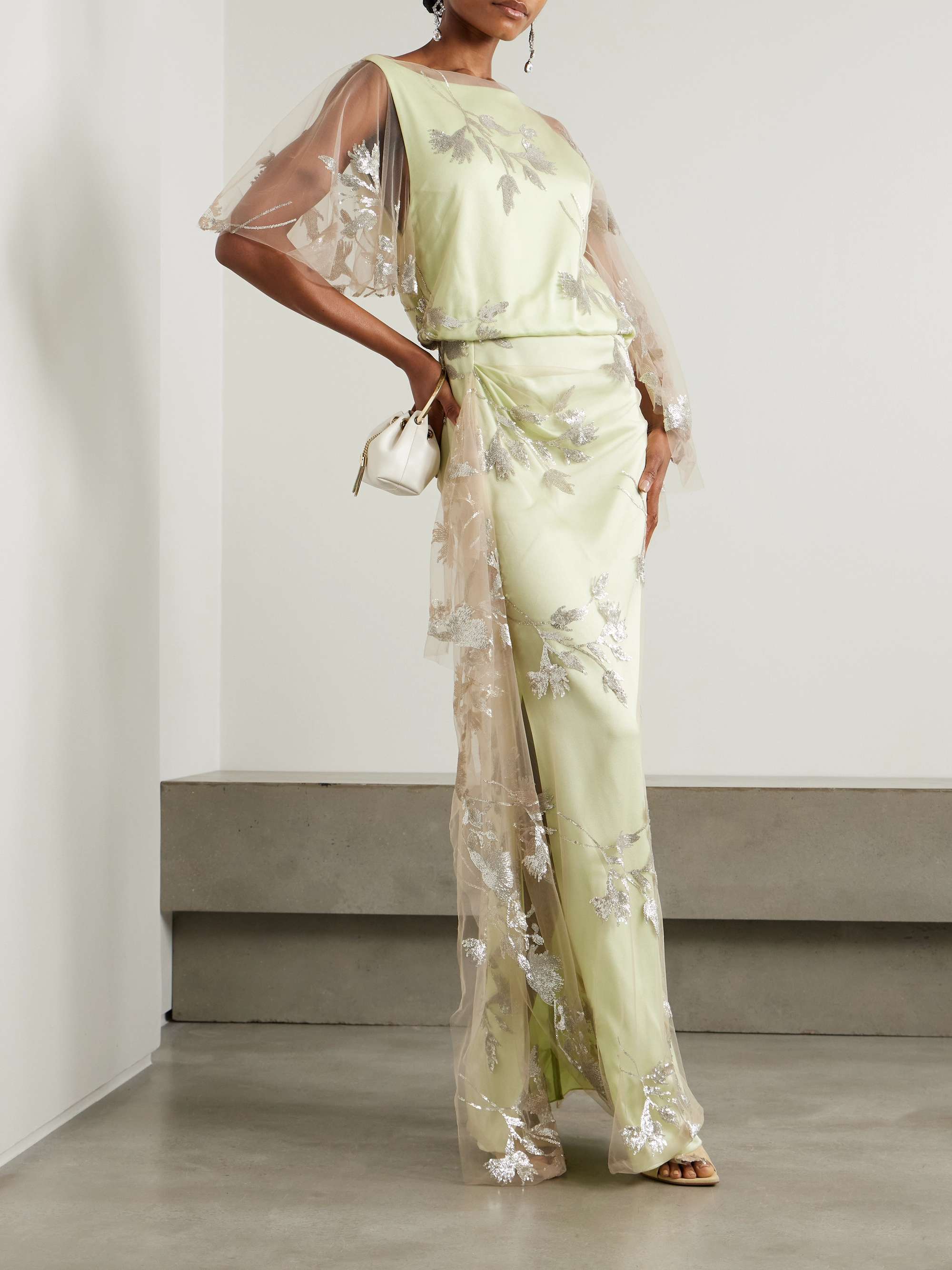 Draped asymmetric sequin-embellished tulle and satin-crepe gown view