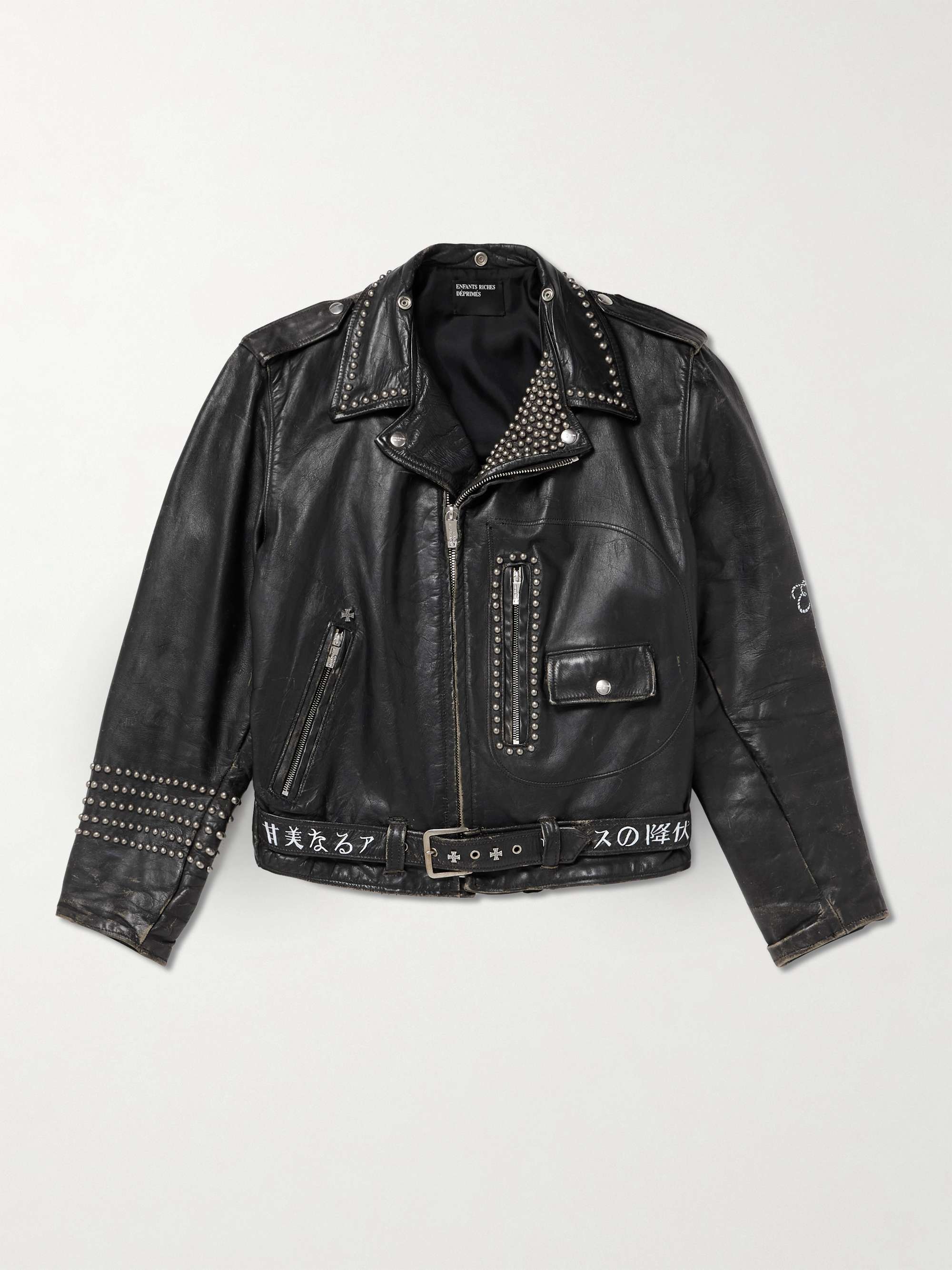 Studded Printed Distressed Leather Biker Jacket hero visual