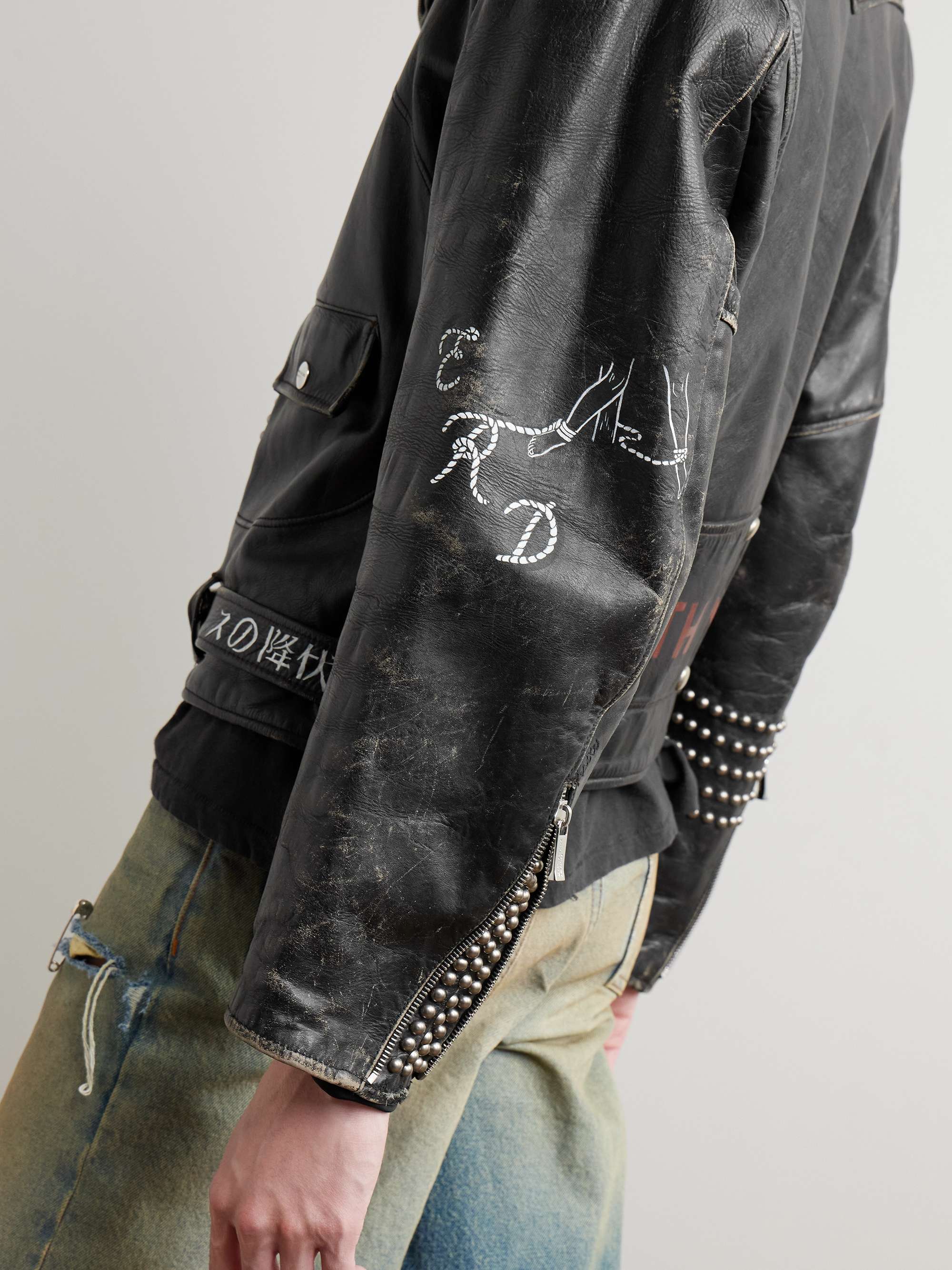 Studded Printed Distressed Leather Biker Jacket view