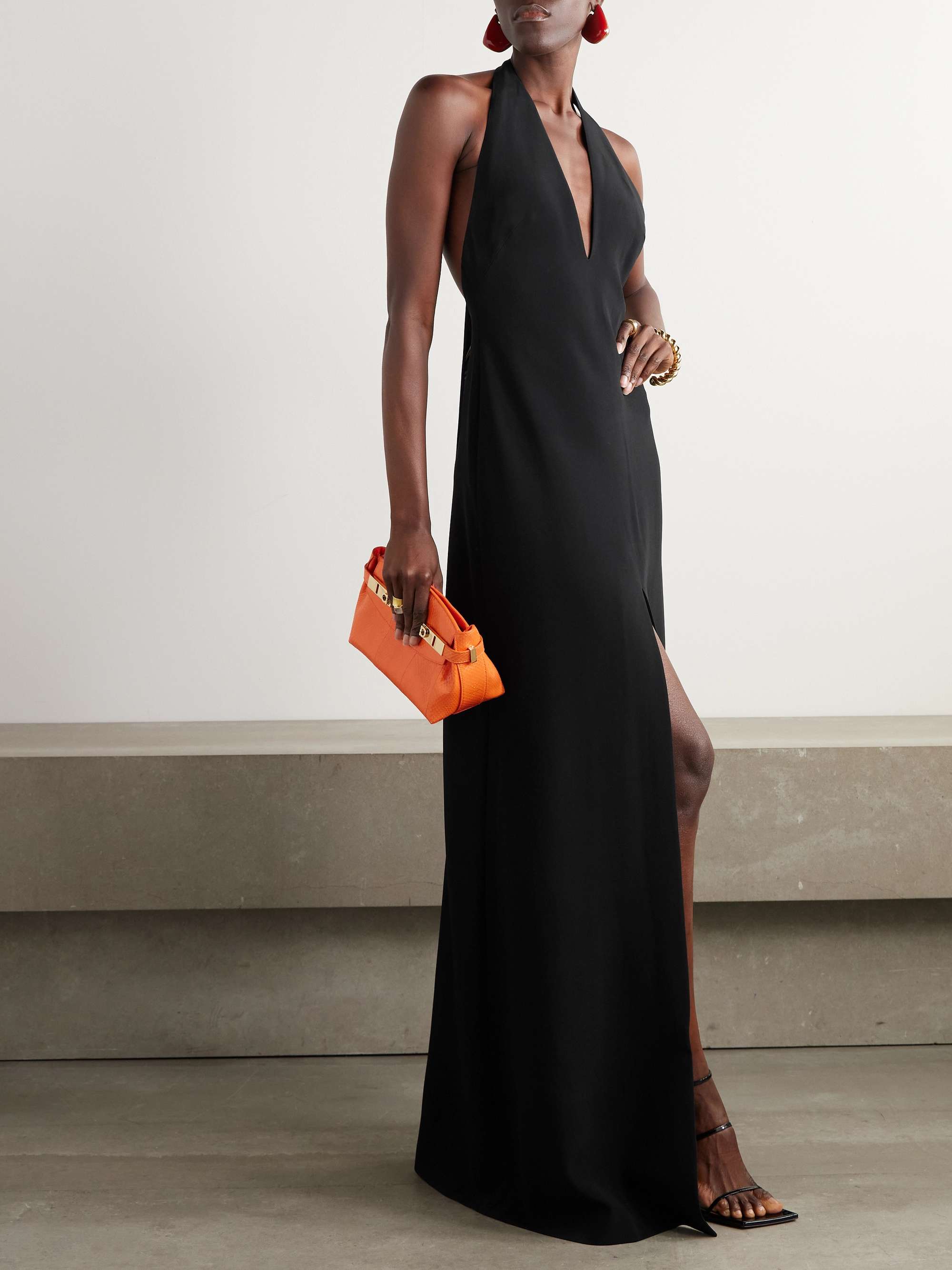 Printed silk-twill trimmed cady halterneck maxi dress view