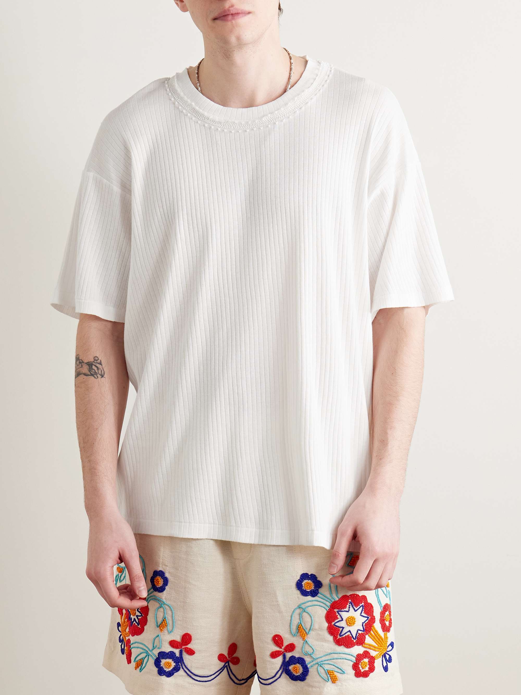 Marsh Embellished Tulle-Trimmed Ribbed Cotton-Jersey T-Shirt view