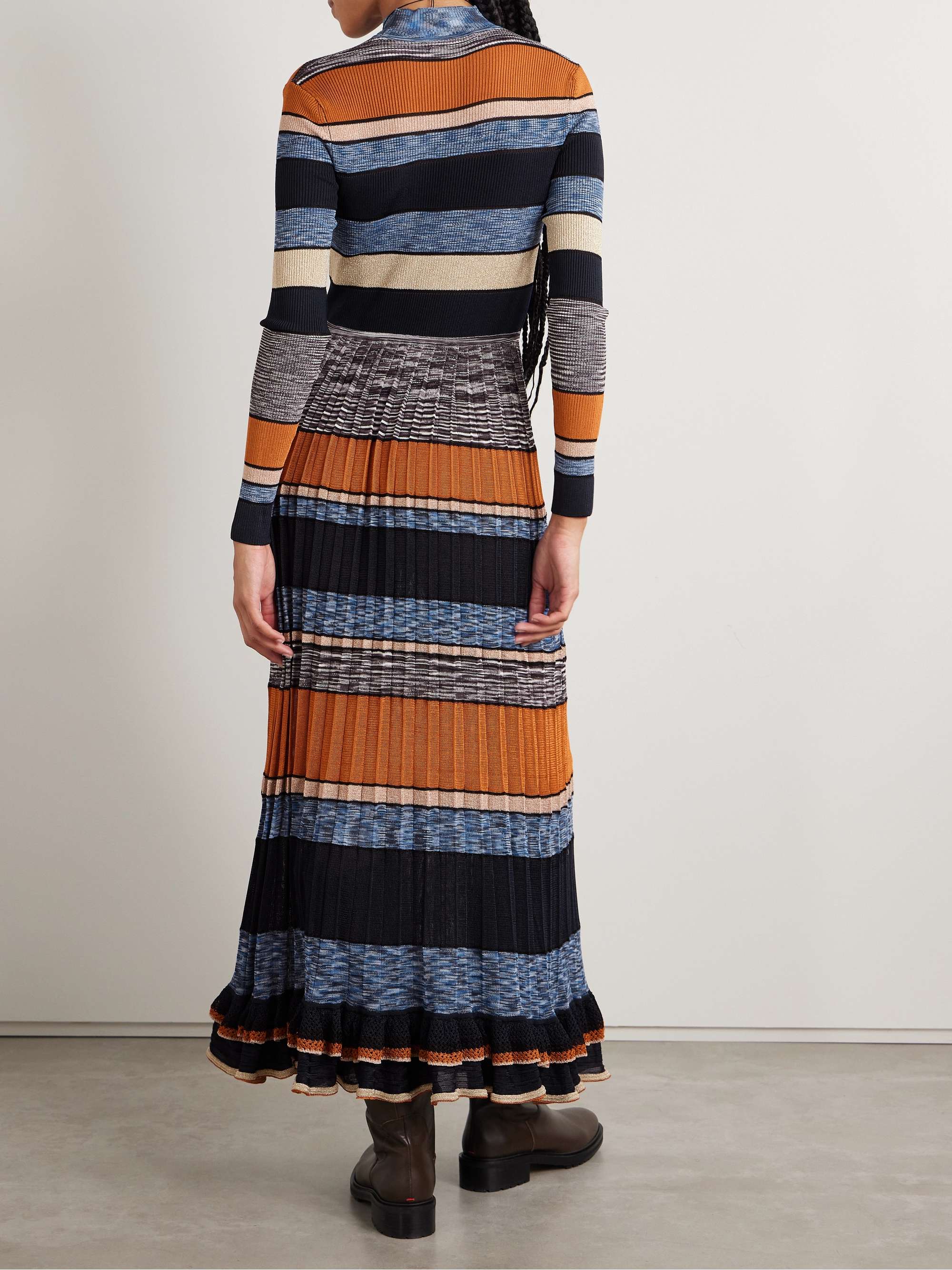 Evangeline striped pleated metallic-knit turtleneck maxi dress view