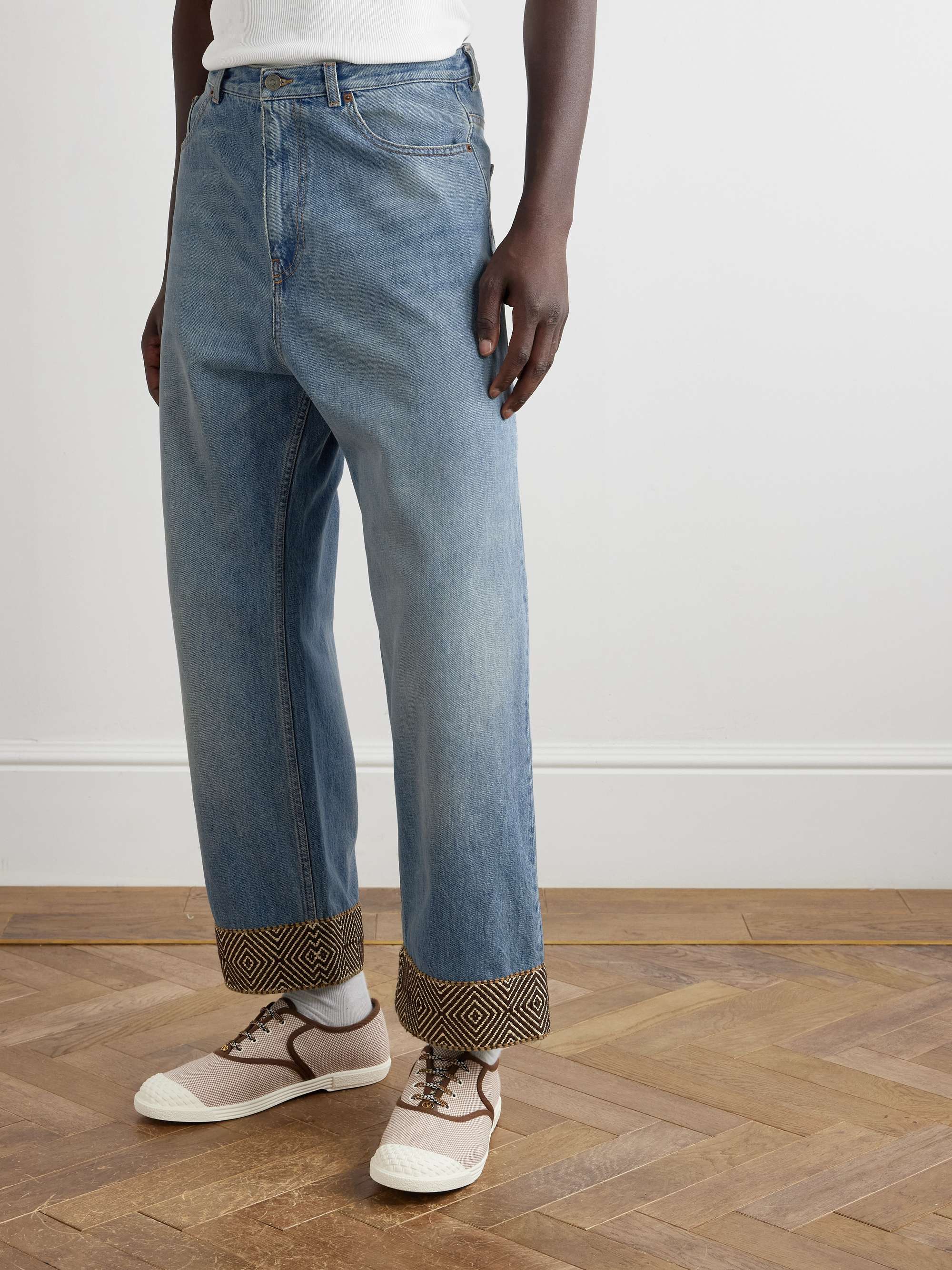 Straight-Leg Cropped Logo-Appliquéd Jacquard-Trimmed Jeans view