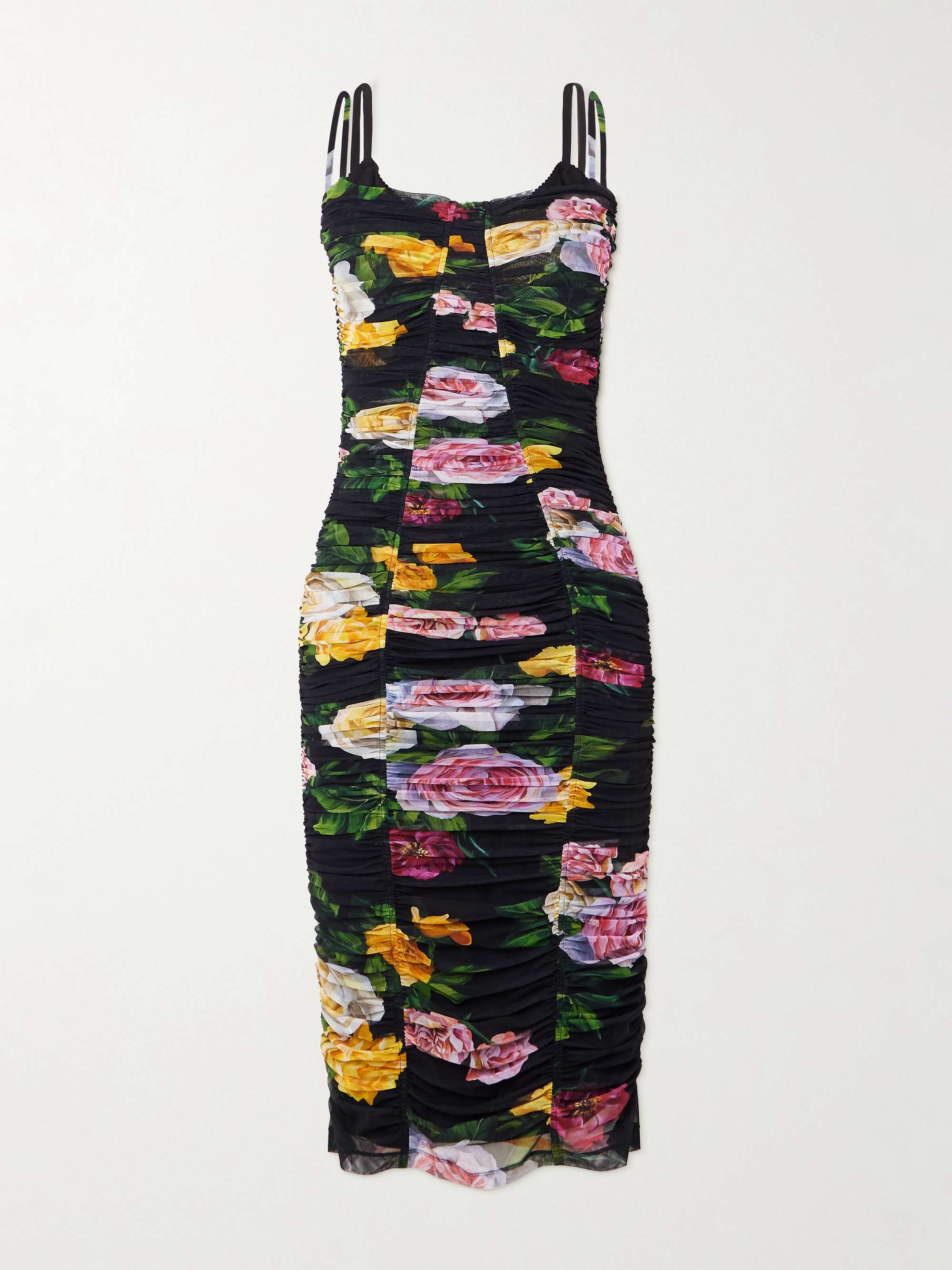 Paneled ruched floral-print tulle dress hero visual