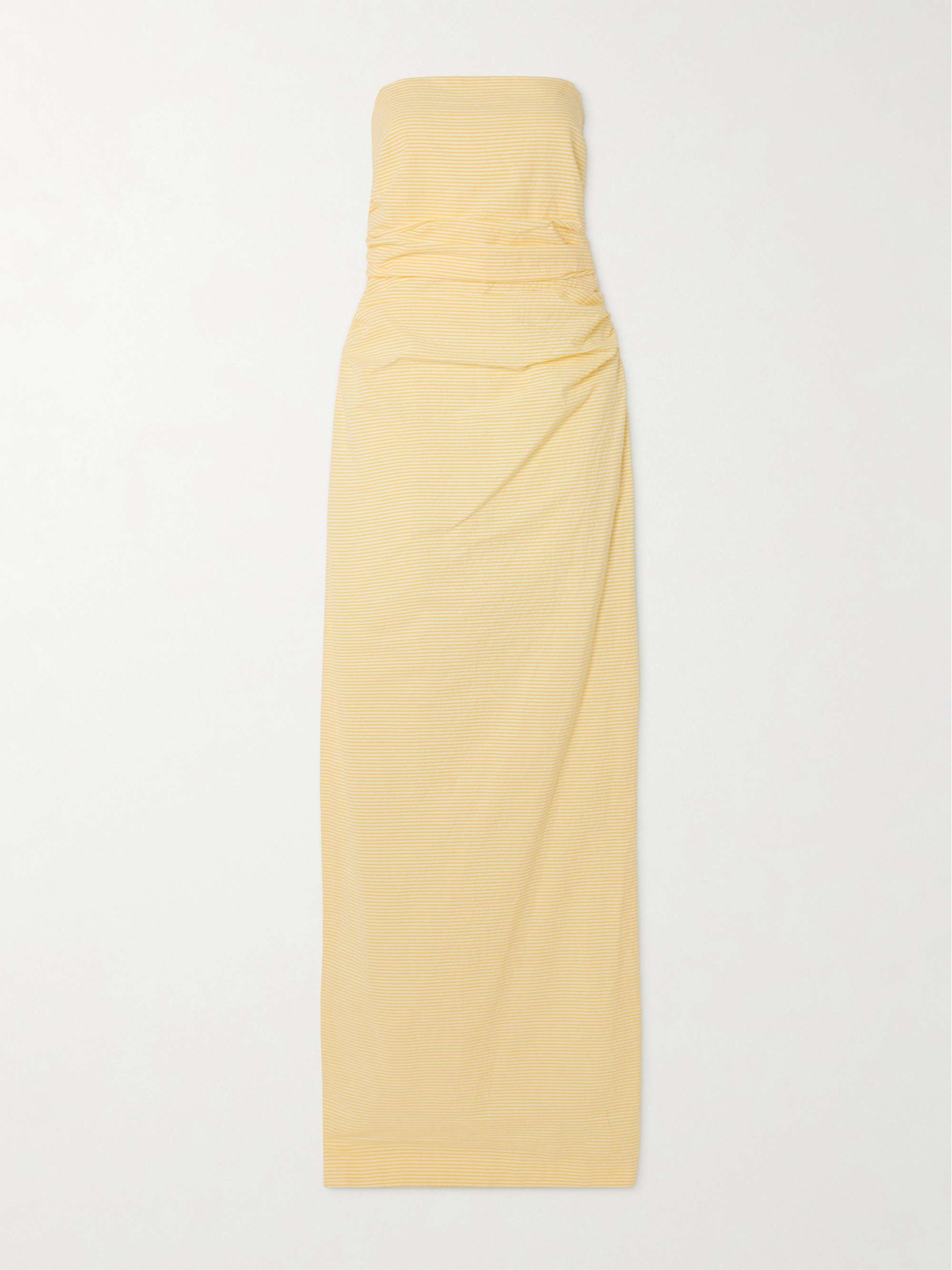 Vera strapless ruched striped cotton-seersucker maxi dress hero visual