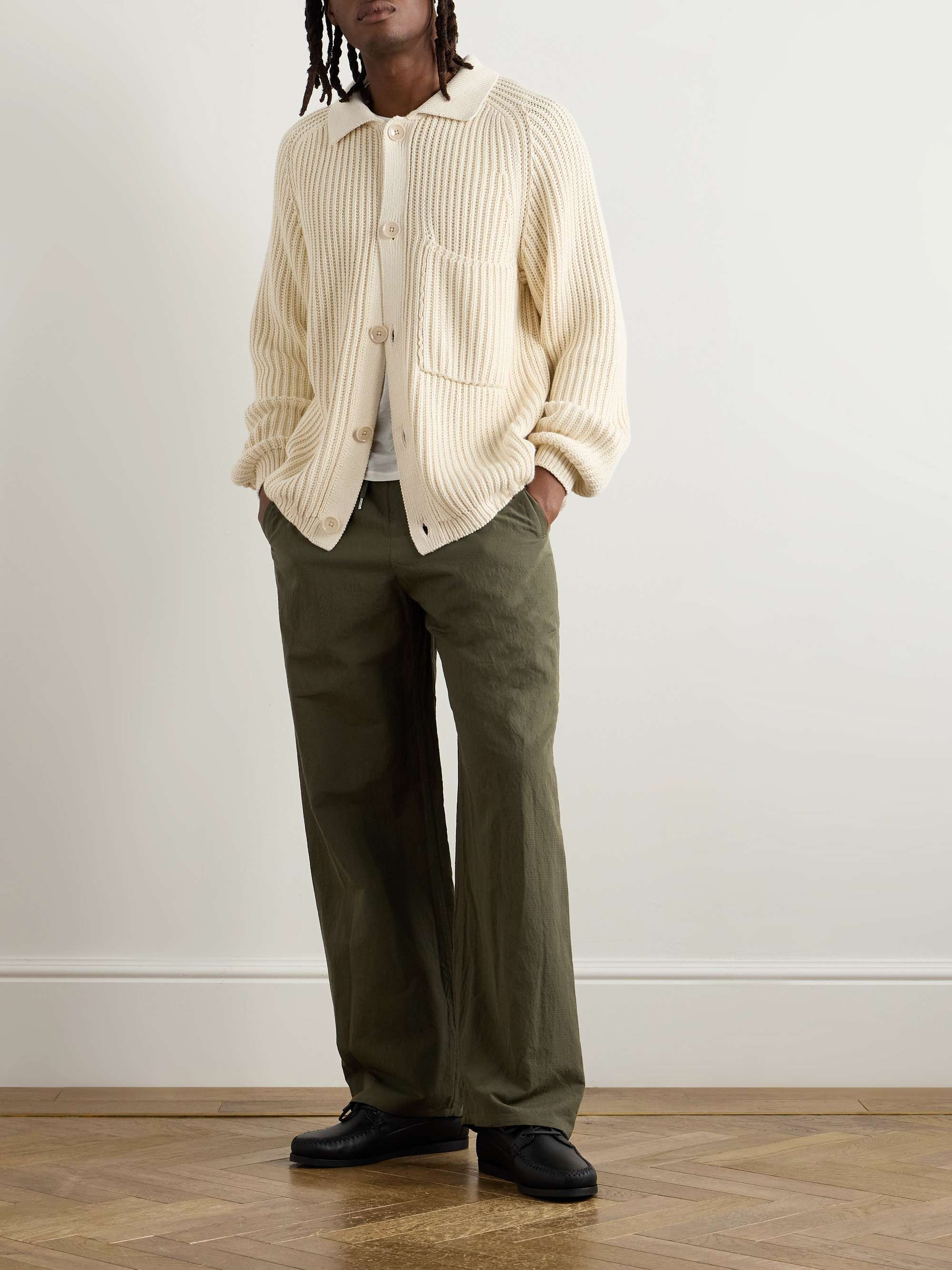 Samurai Wide-Leg Cotton and Linen-Blend Seersucker Drawstring Suit Trousers view