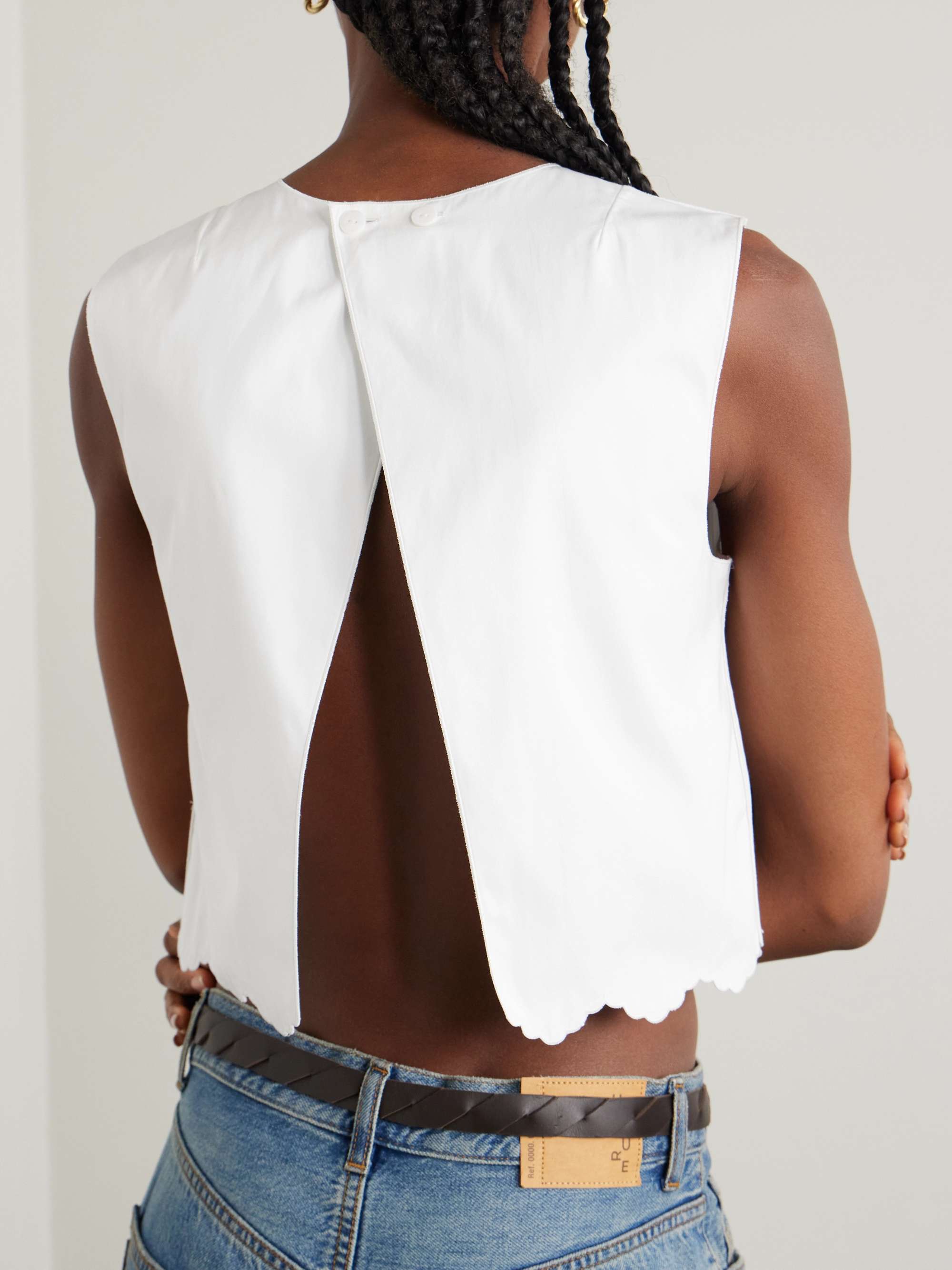 Cropped open-back scalloped cotton-poplin top view