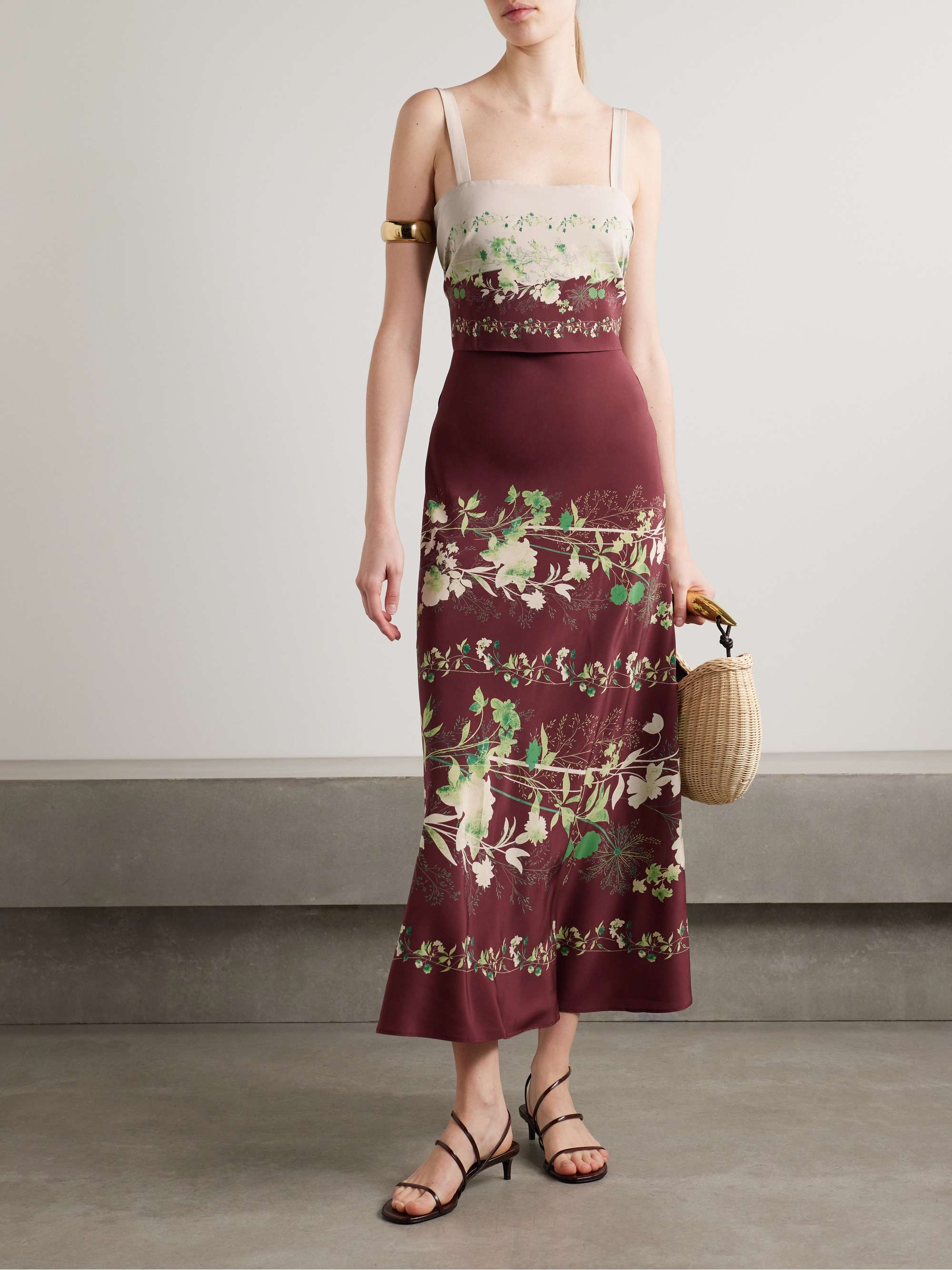 Draped floral-print silk crepe de chine midi dress view