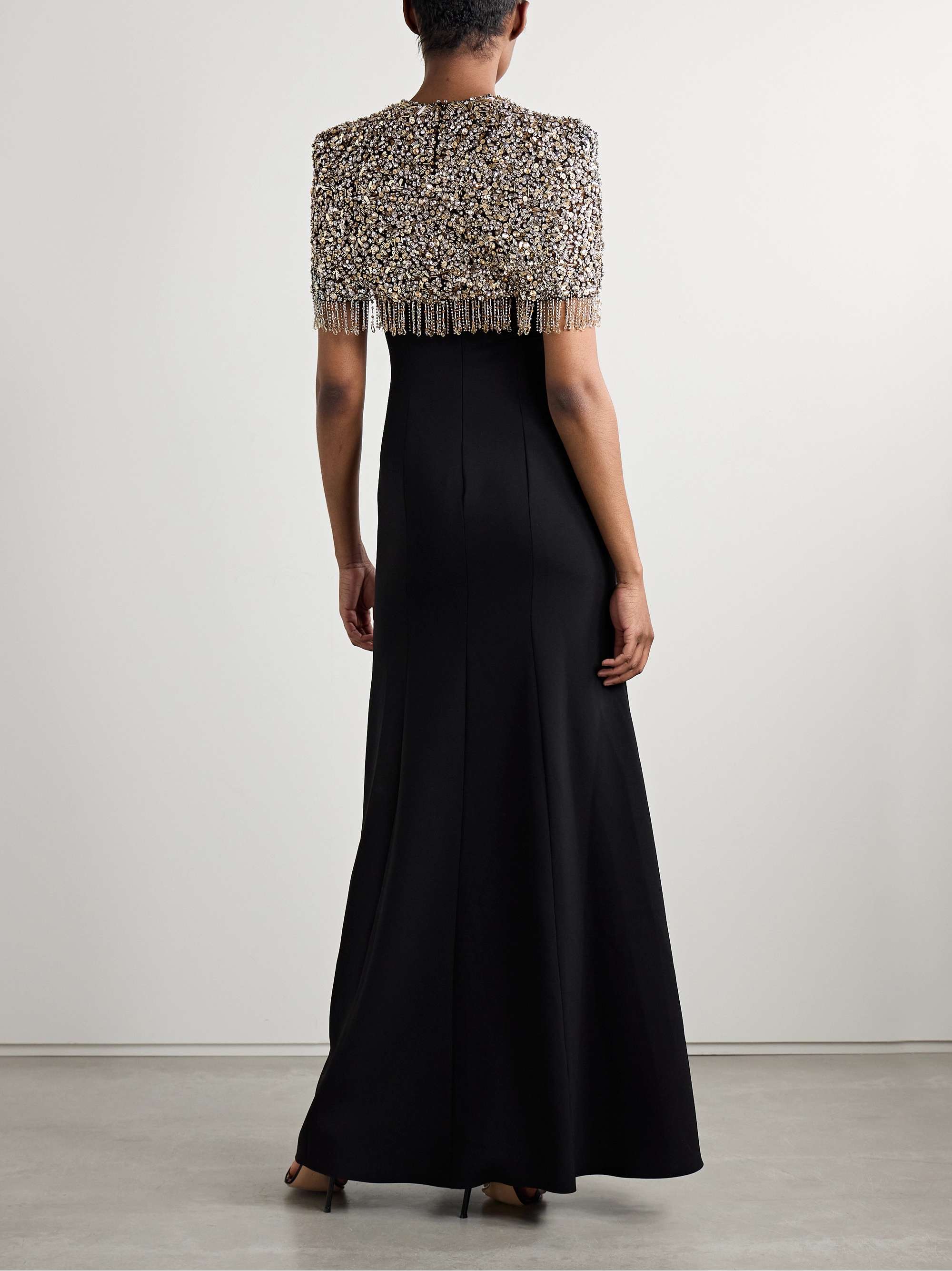 Rana cape-effect fringed embellished crepe gown view