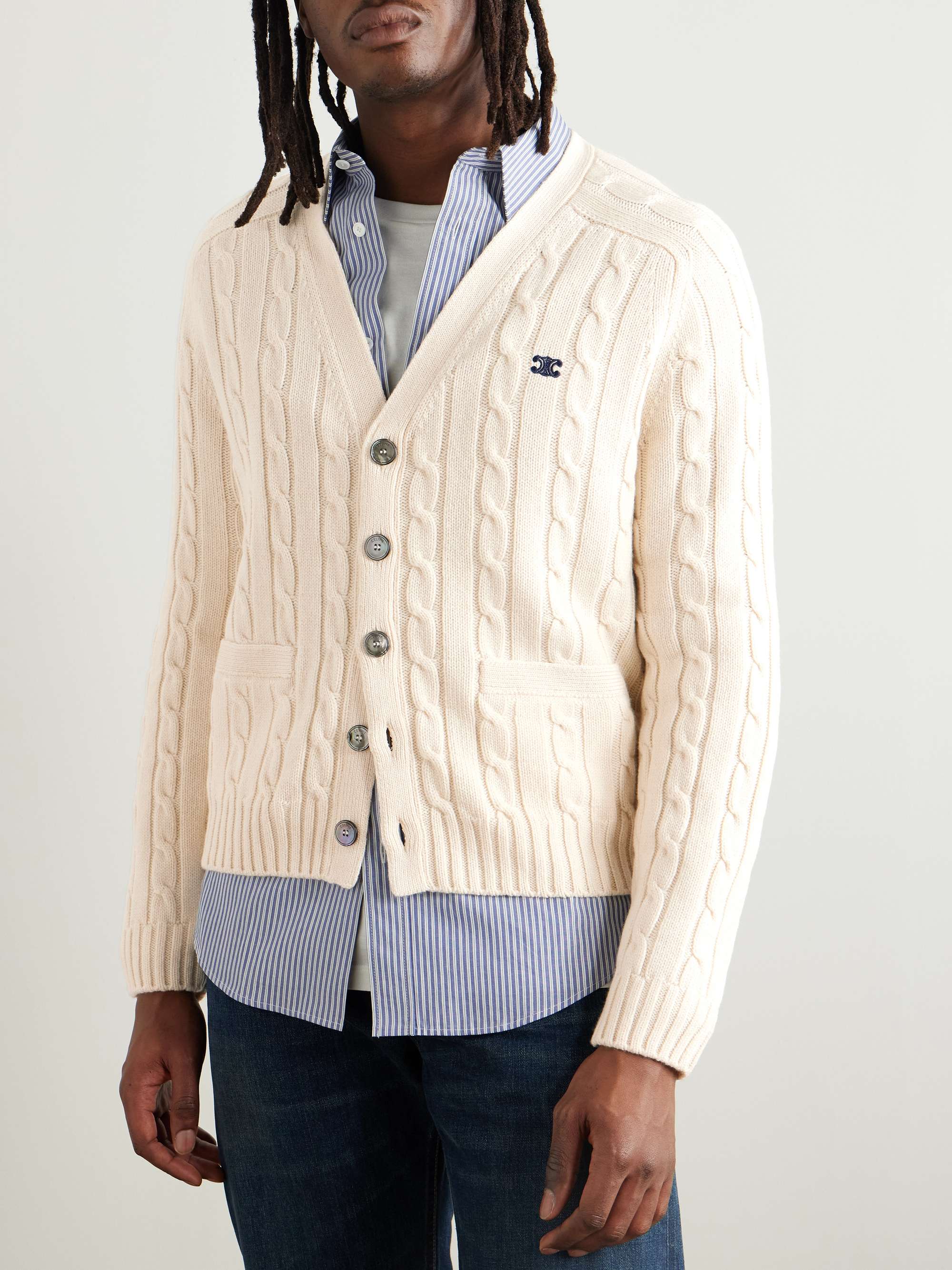 Slim-Fit Logo-Embroidered Cable-Knit Suede-Trimmed Cashmere Cardigan view