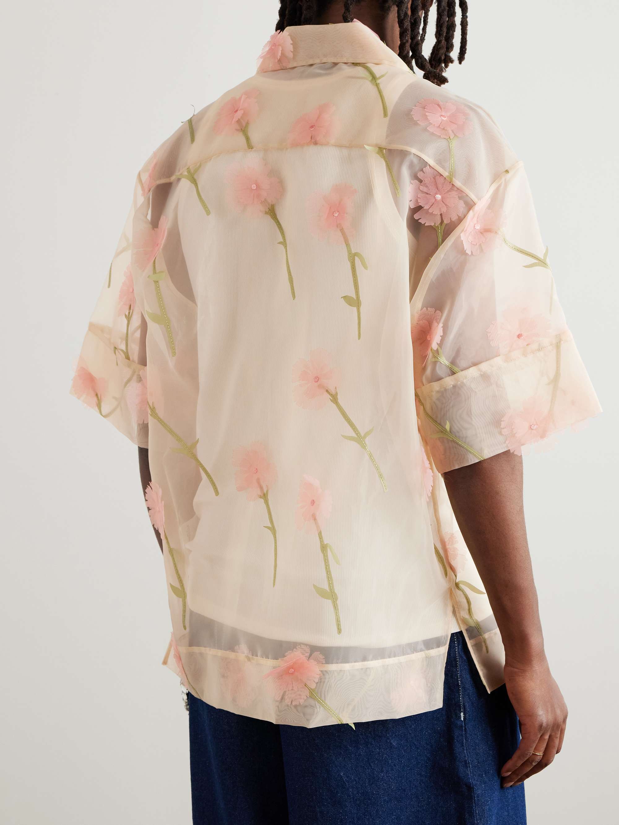 Carnation Convertible-Collar Appliquéd Embroidered Organza Shirt view