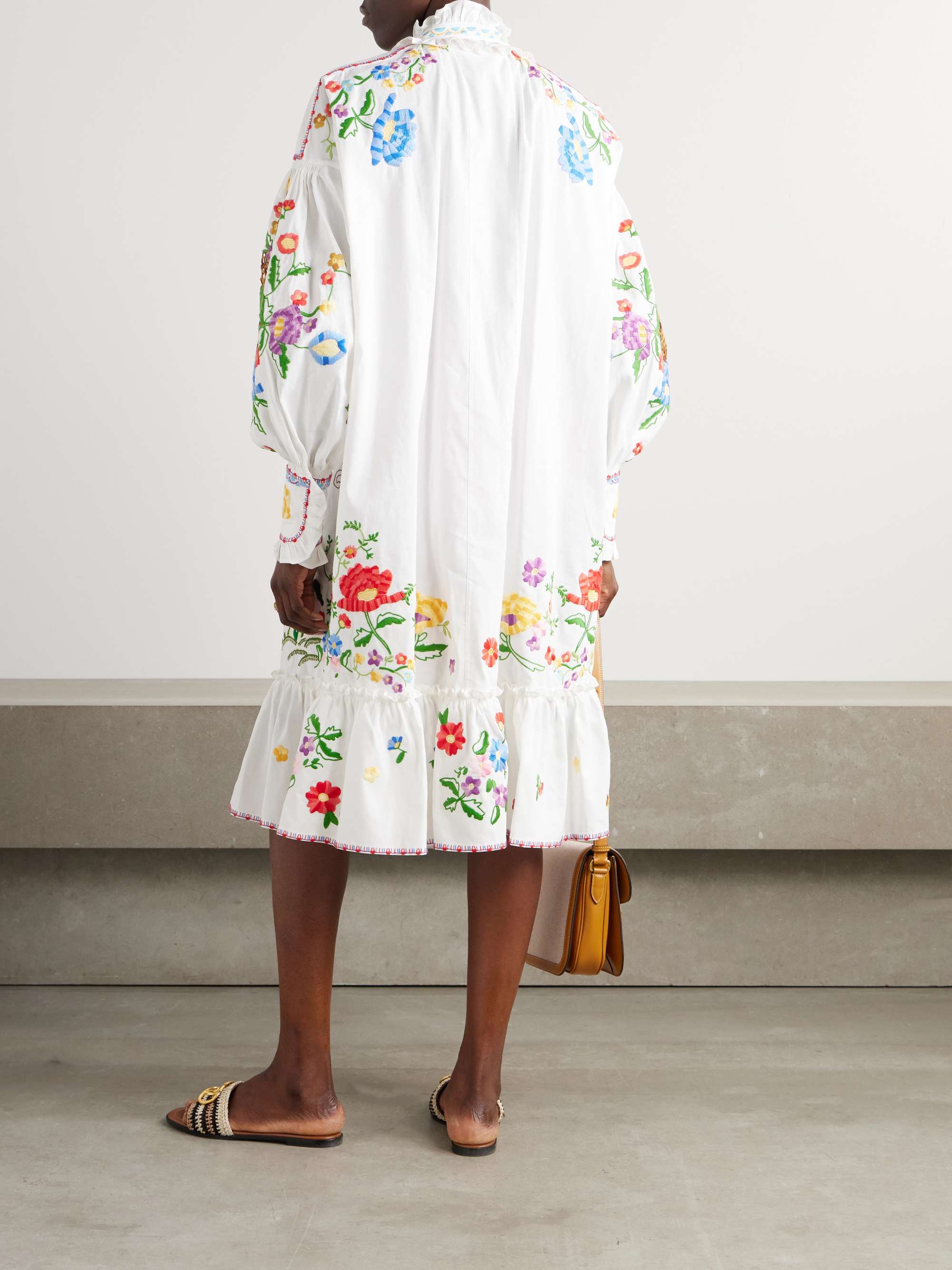 Ruffled embroidered cotton, linen and silk-blend dress view