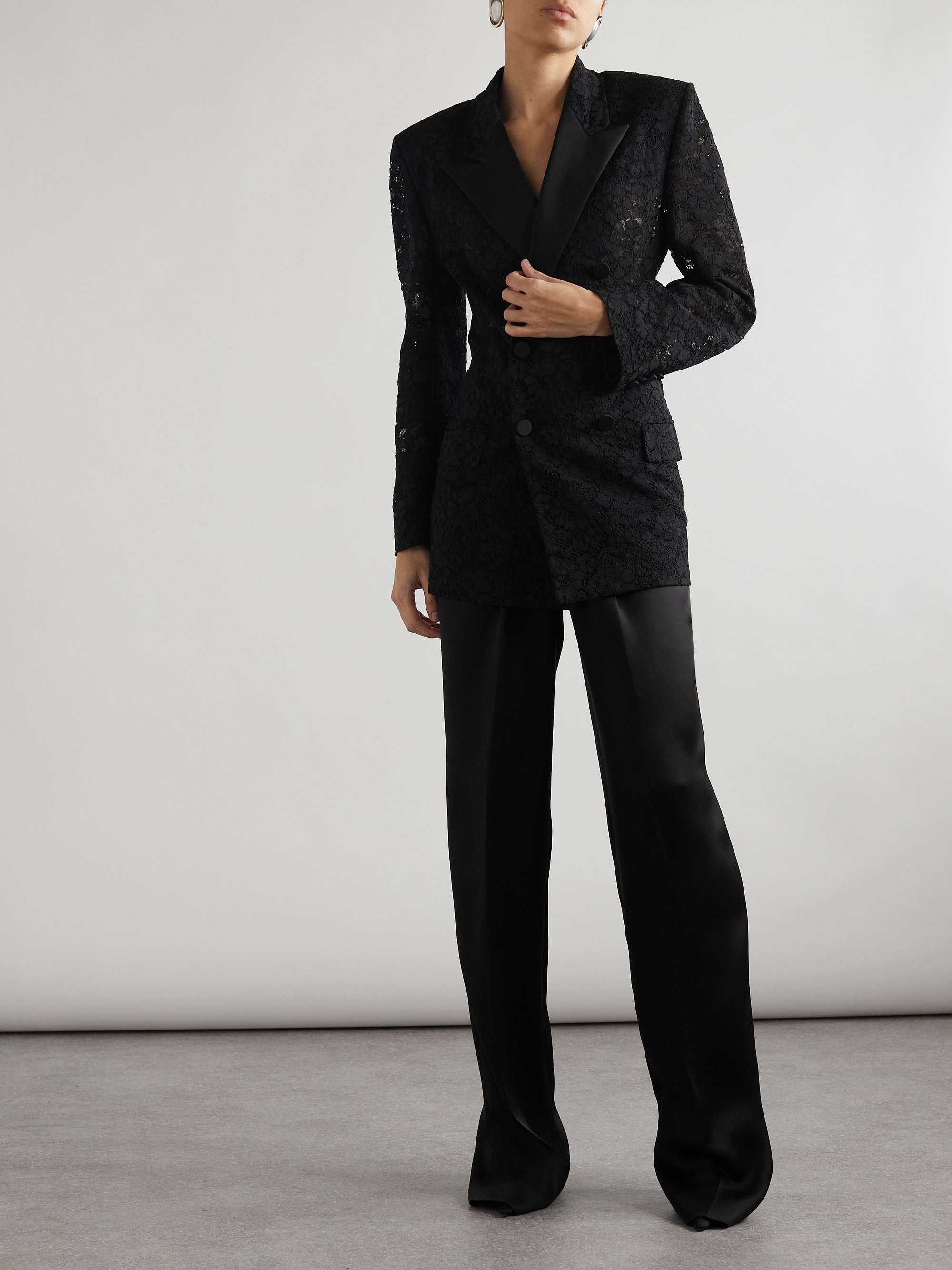 Double-breasted satin-trimmed lace blazer view