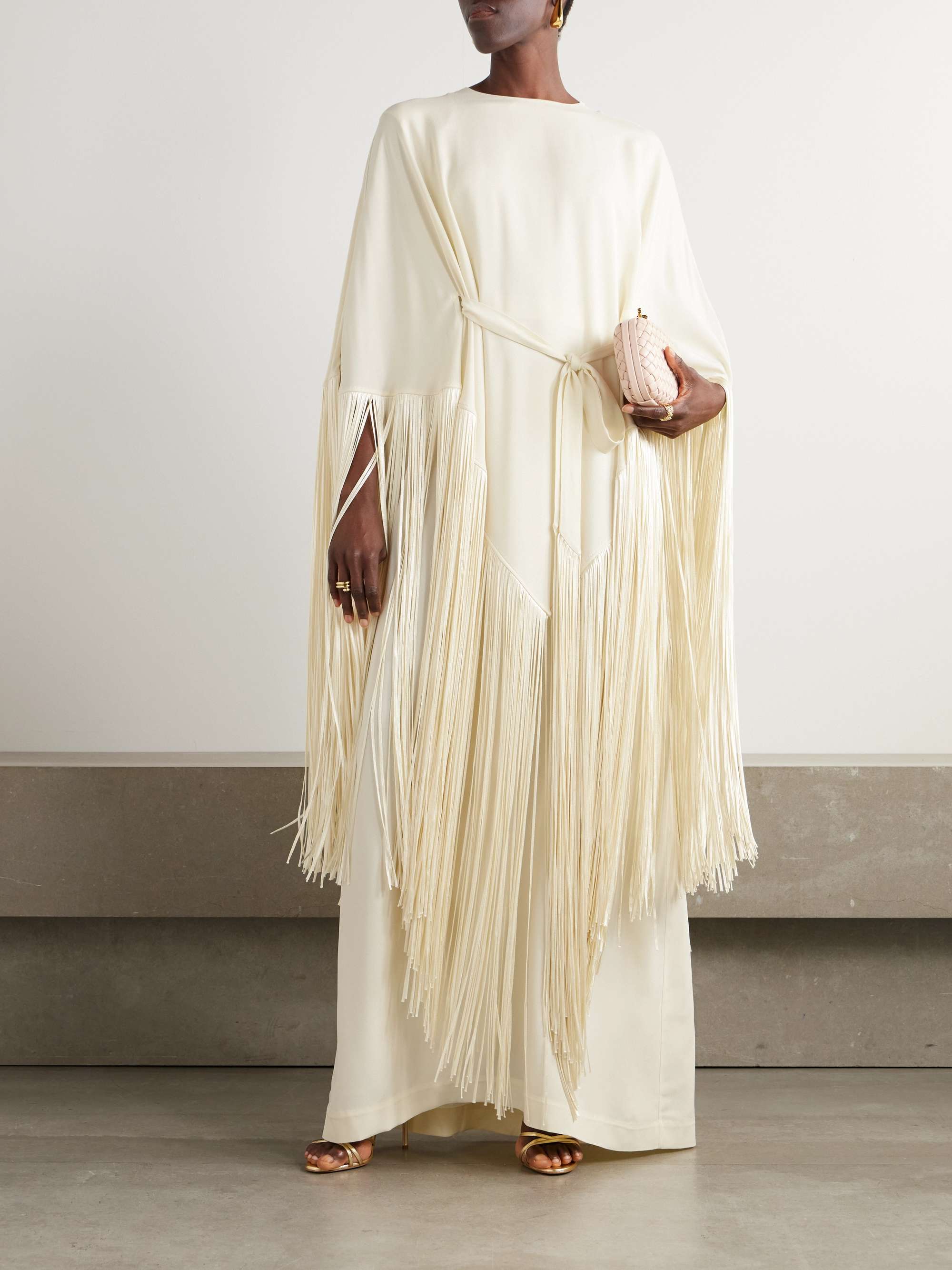 Draped fringed crepe kaftan view