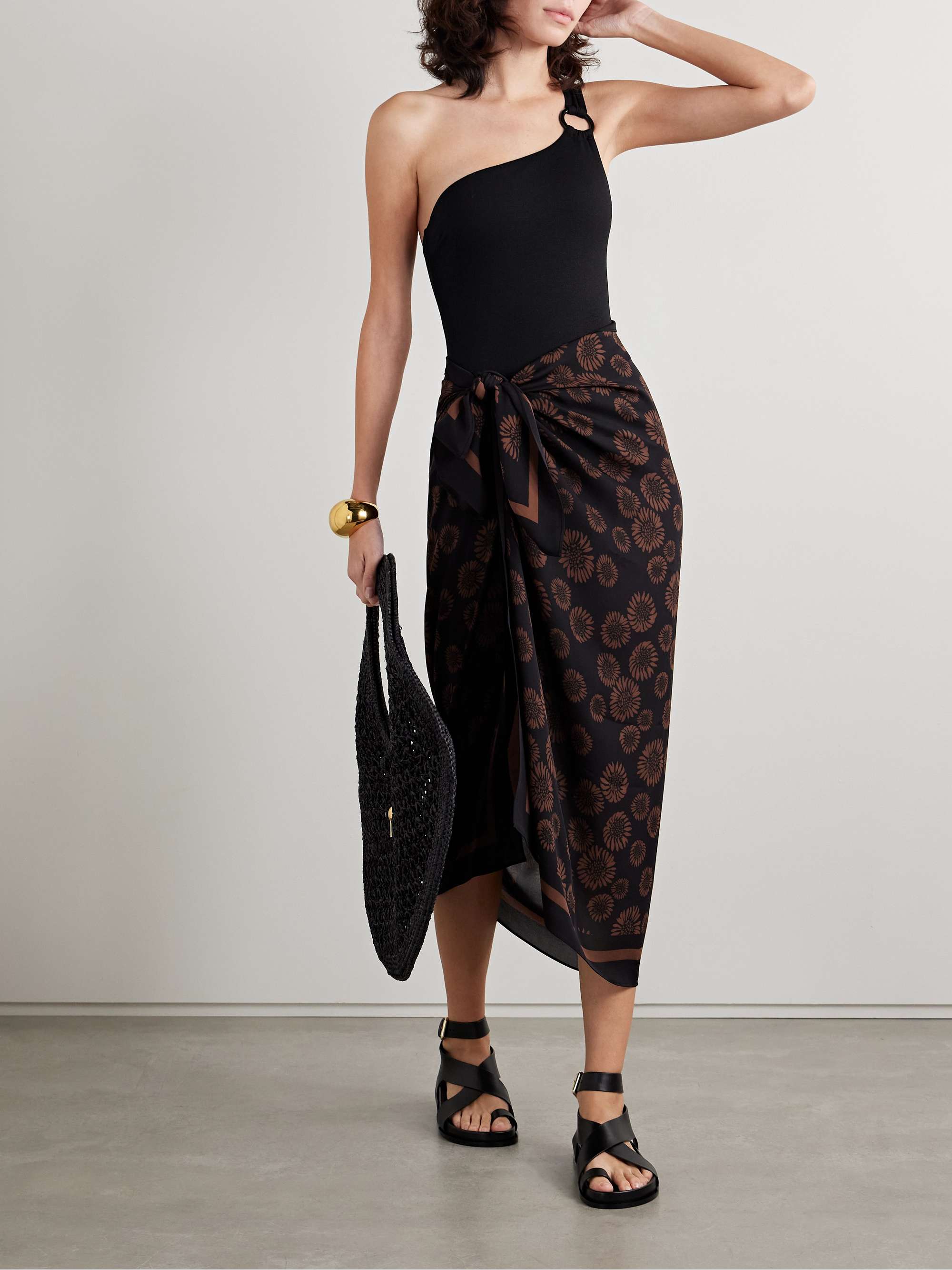 One-shoulder embellished stretch recycled-crepe swimsuit view